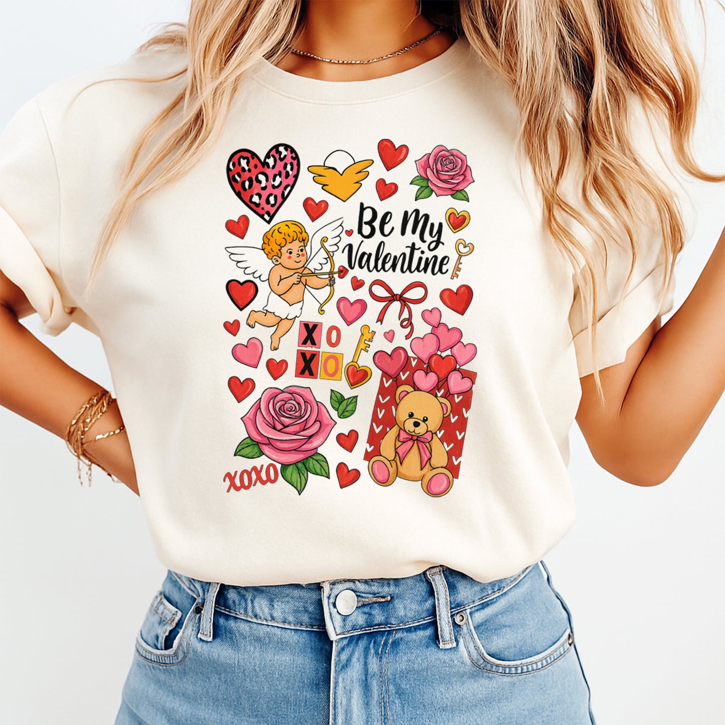 Valentines Be My Valentine Cupid DTF Transfer – Love Hearts Teddy Ready to Press Iron On Heat Transfer for DIY Valentines Shirts 12614