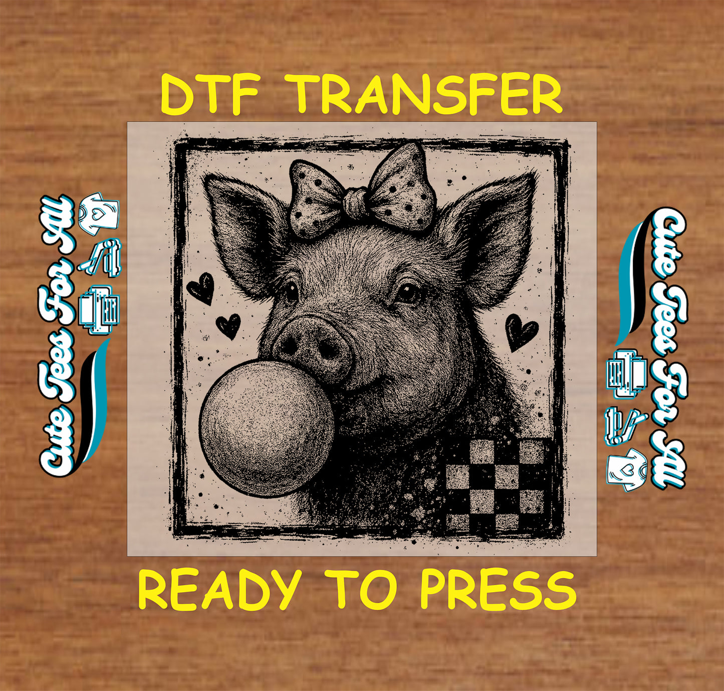 Pig with bow blowing bubble gum ready to press dtf heat transfer for DIY Valentines shirts and farm themed apparel