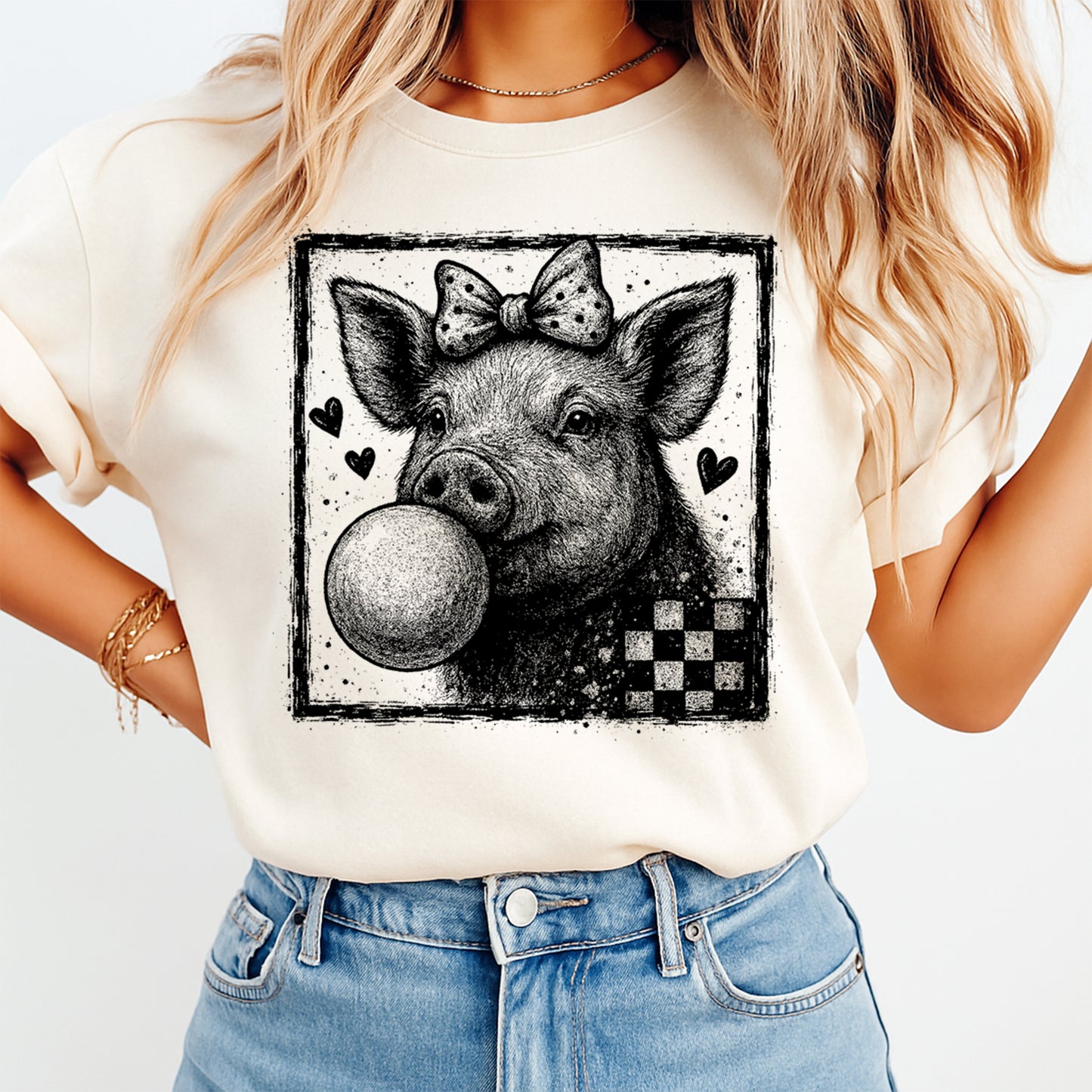 Valentines Pig Bow DTF Transfer – Bubble Gum Farm Style Ready to Press Iron On Heat Transfer for DIY Valentines Shirts 12616