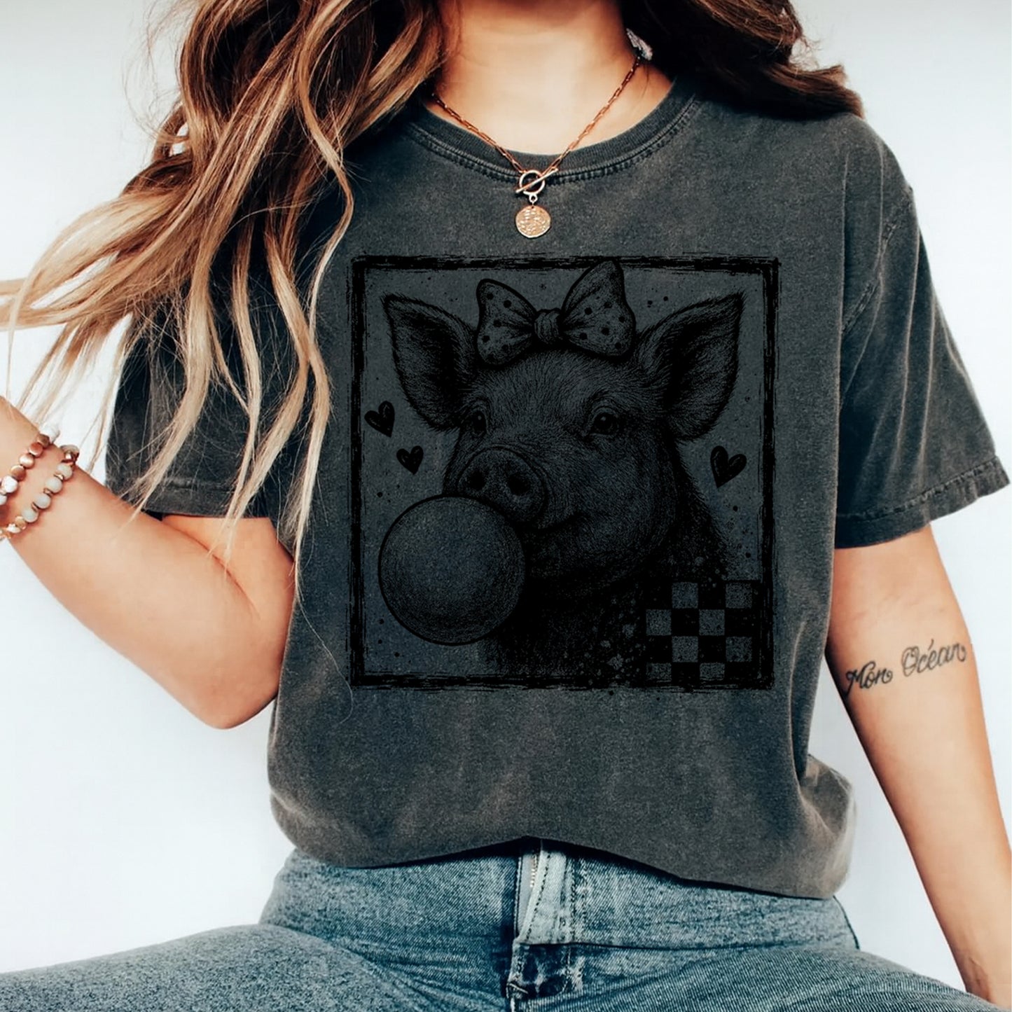 Valentines Pig Bow DTF Transfer – Bubble Gum Farm Style Ready to Press Iron On Heat Transfer for DIY Valentines Shirts 12616
