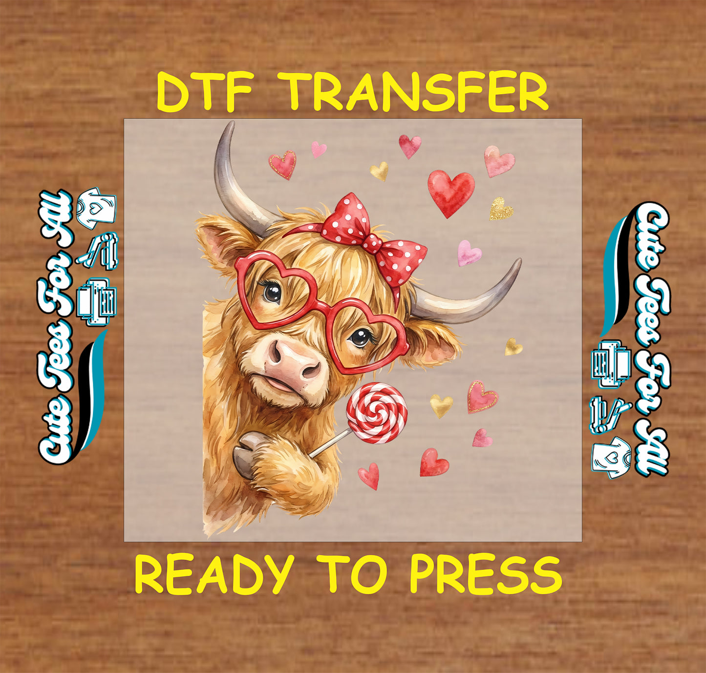 Highland cow with bow heart glasses and lollipop ready to press dtf heat transfer for DIY Valentines shirts and boutique apparel