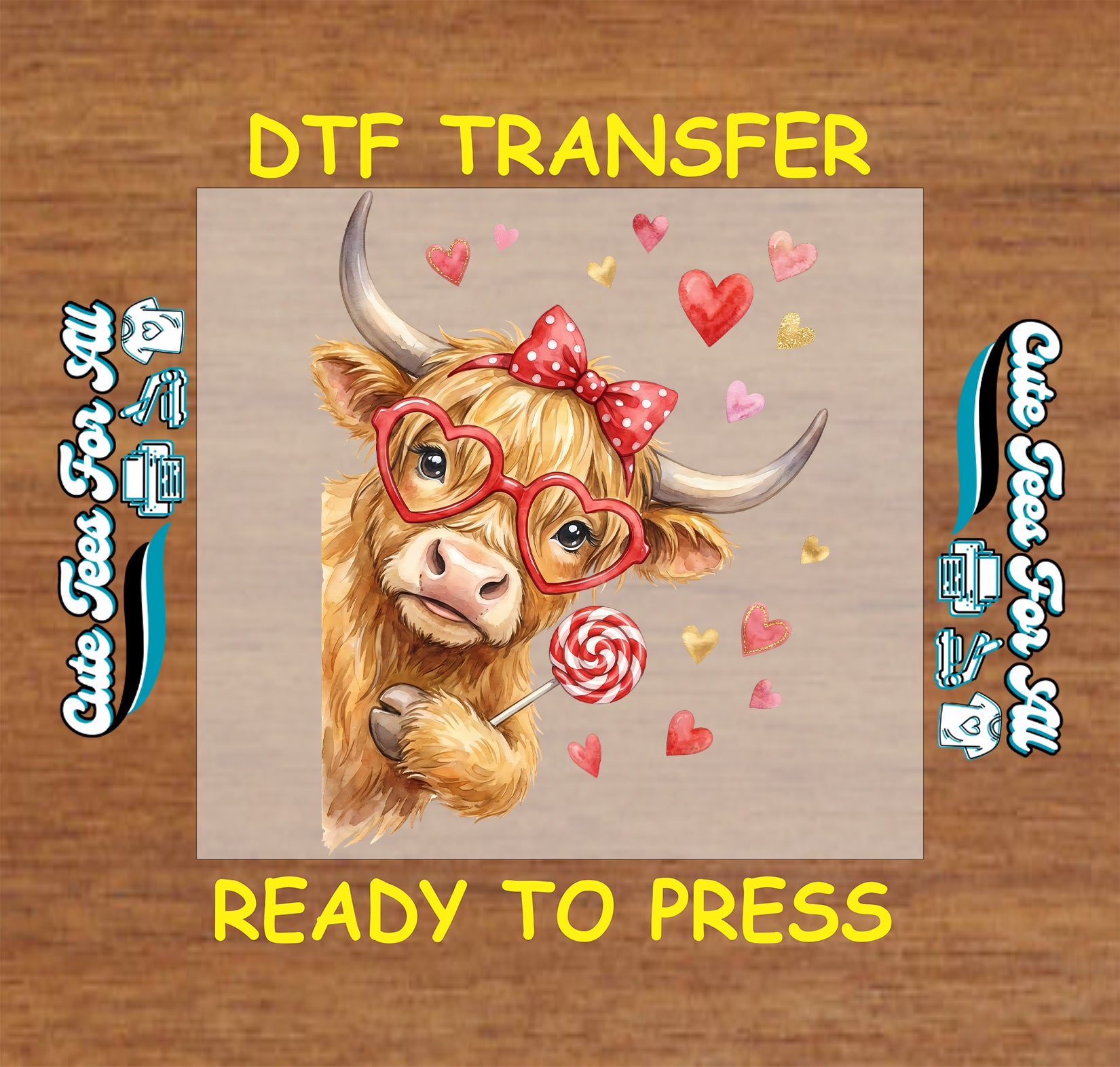 Highland cow with bow heart glasses and lollipop ready to press dtf heat transfer for DIY Valentines shirts and boutique apparel
