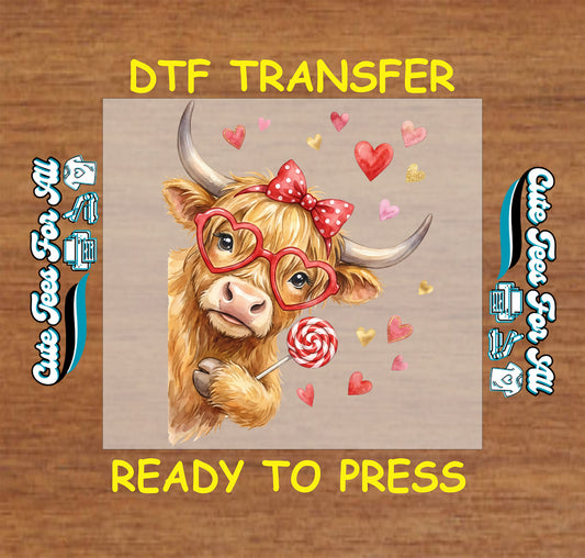Highland cow with bow heart glasses and lollipop ready to press dtf heat transfer for DIY Valentines shirts and boutique apparel