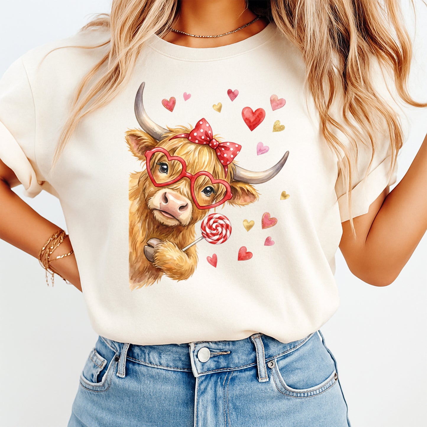 Valentines Cow Bow DTF Transfer – Highland Cow Hearts Ready to Press Iron On Heat Transfer for DIY Valentines Shirts 12617