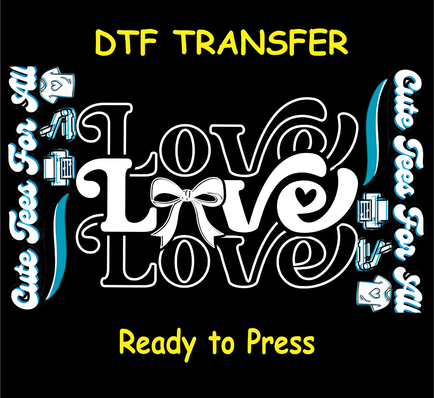 Valentine love bow ready to press dtf transfer with layered Love Love typography and heart detail iron on heat transfer for diy valentine shirts