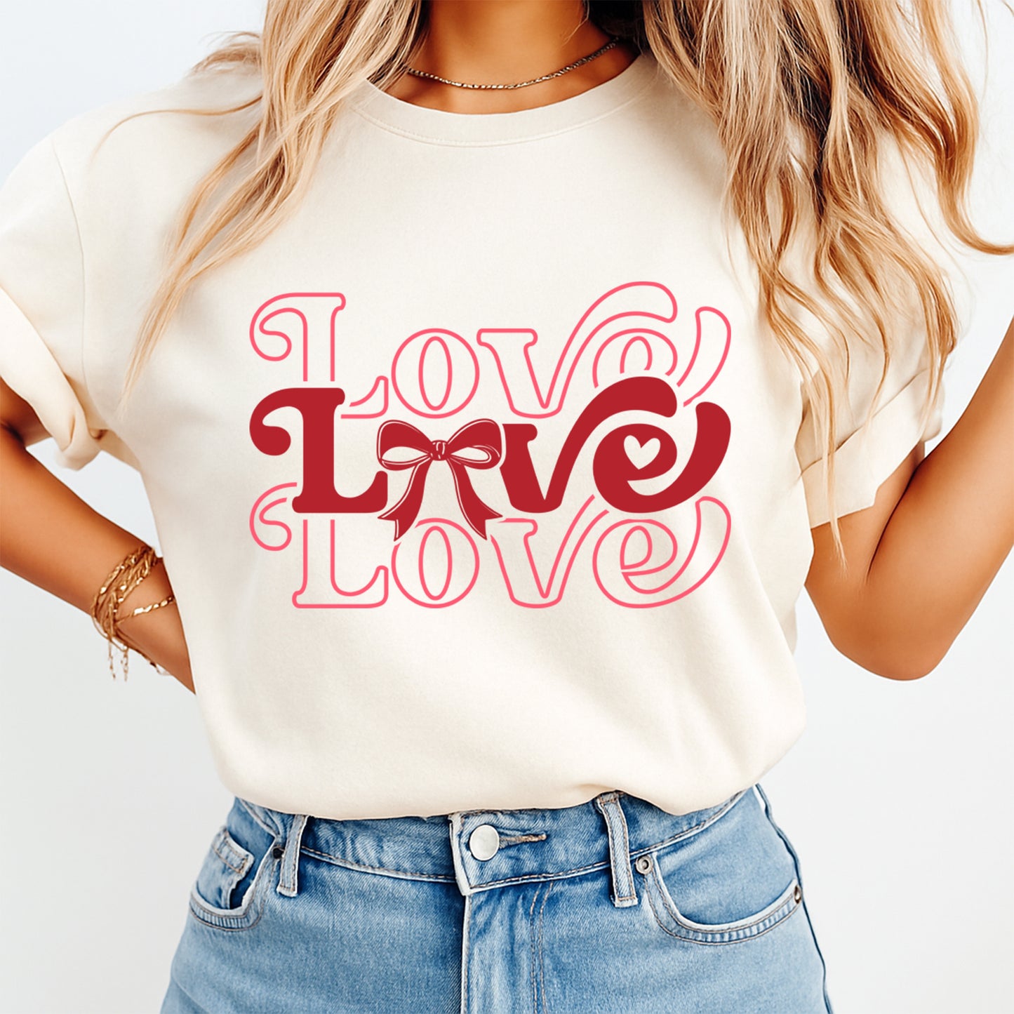 Valentines Love Bow DTF Transfer – Layered Love Typography Ready to Press Iron On Heat Transfer for DIY Valentines Shirts 12621