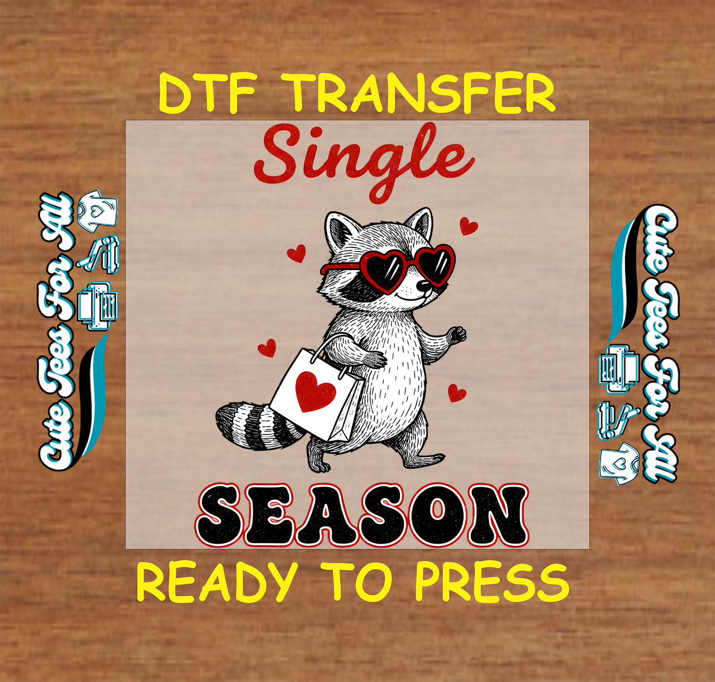 Single season raccoon with heart glasses ready to press dtf heat transfer for DIY Valentines shirts