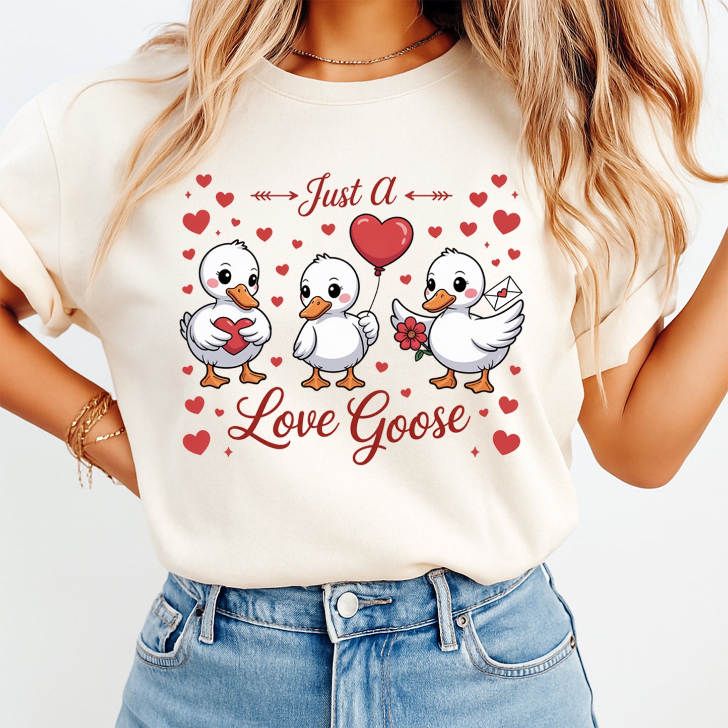 Valentines Love Goose DTF Transfer – Just A Love Goose Ready to Press Iron On Heat Transfer for DIY Valentines Shirts 12624