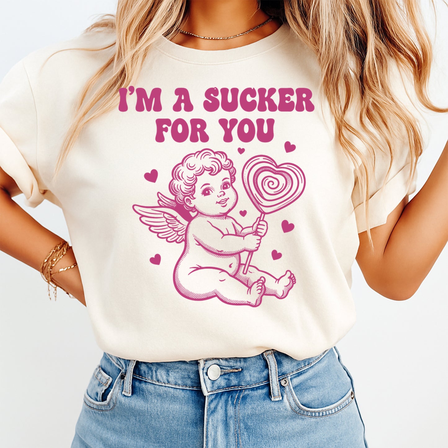 Valentine Cupid Sucker for Love DTF Transfer – Vintage Cherub Lollipop Art Ready to Press Iron On Heat Transfer DIY Valentine Shirts 12625