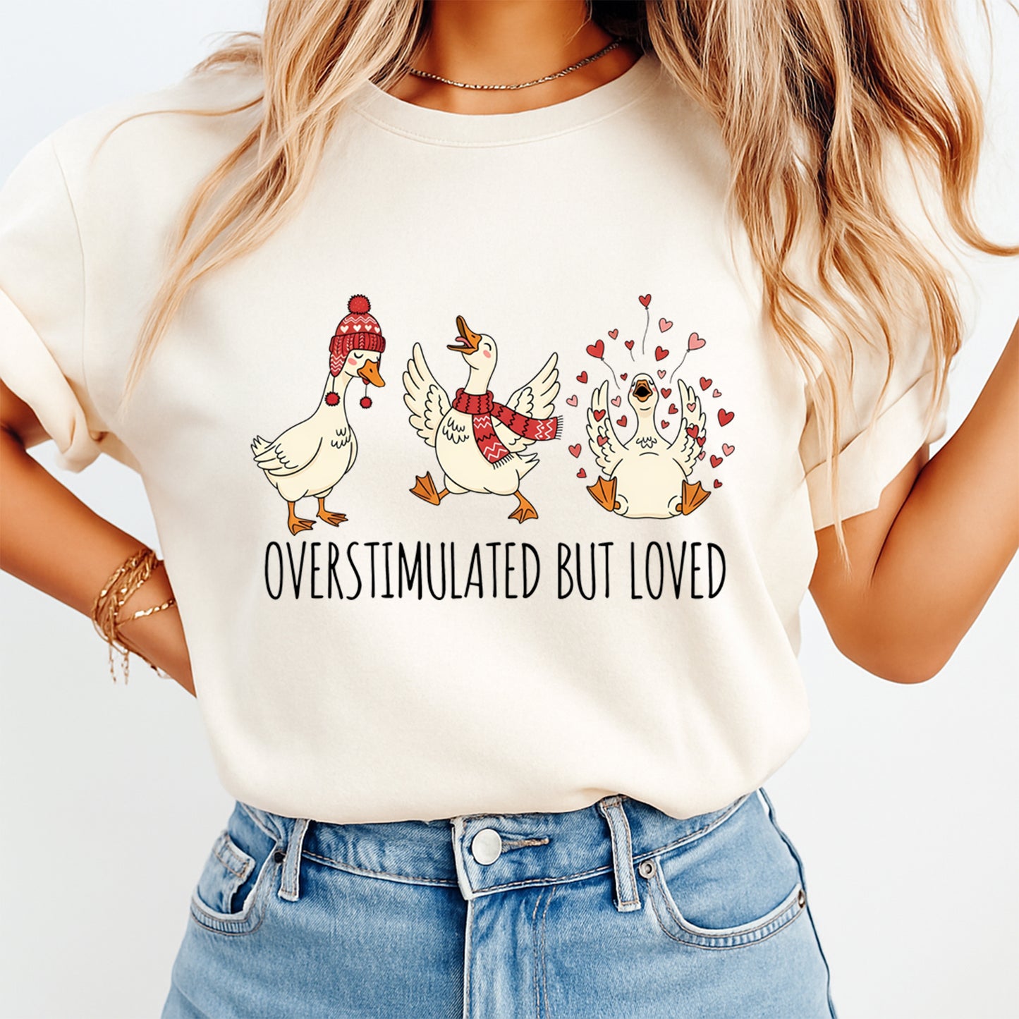 Valentines Goose Humor DTF Transfer – Overstimulated But Loved Ready to Press Iron On Heat Transfer for DIY Valentines Shirts 12631