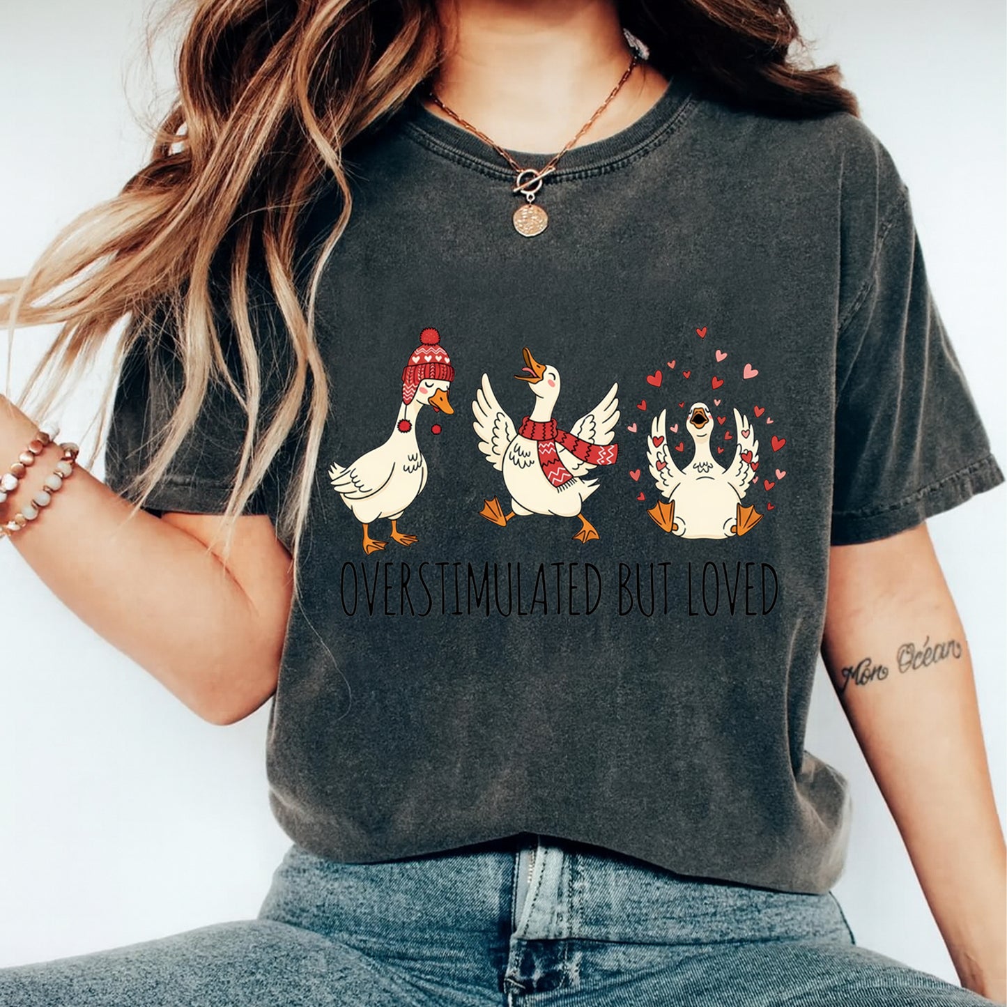 Valentines Goose Humor DTF Transfer – Overstimulated But Loved Ready to Press Iron On Heat Transfer for DIY Valentines Shirts 12631