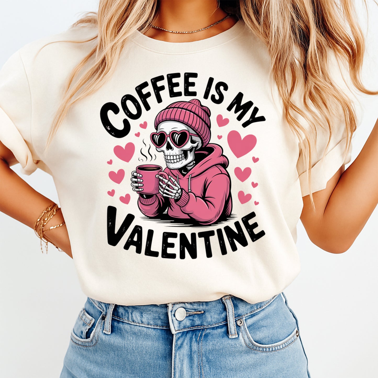 Valentine DTF Transfer – Coffee Is My Valentine Skeleton Ready to Press Iron On Heat Transfer DIY Valentine Shirts 12633