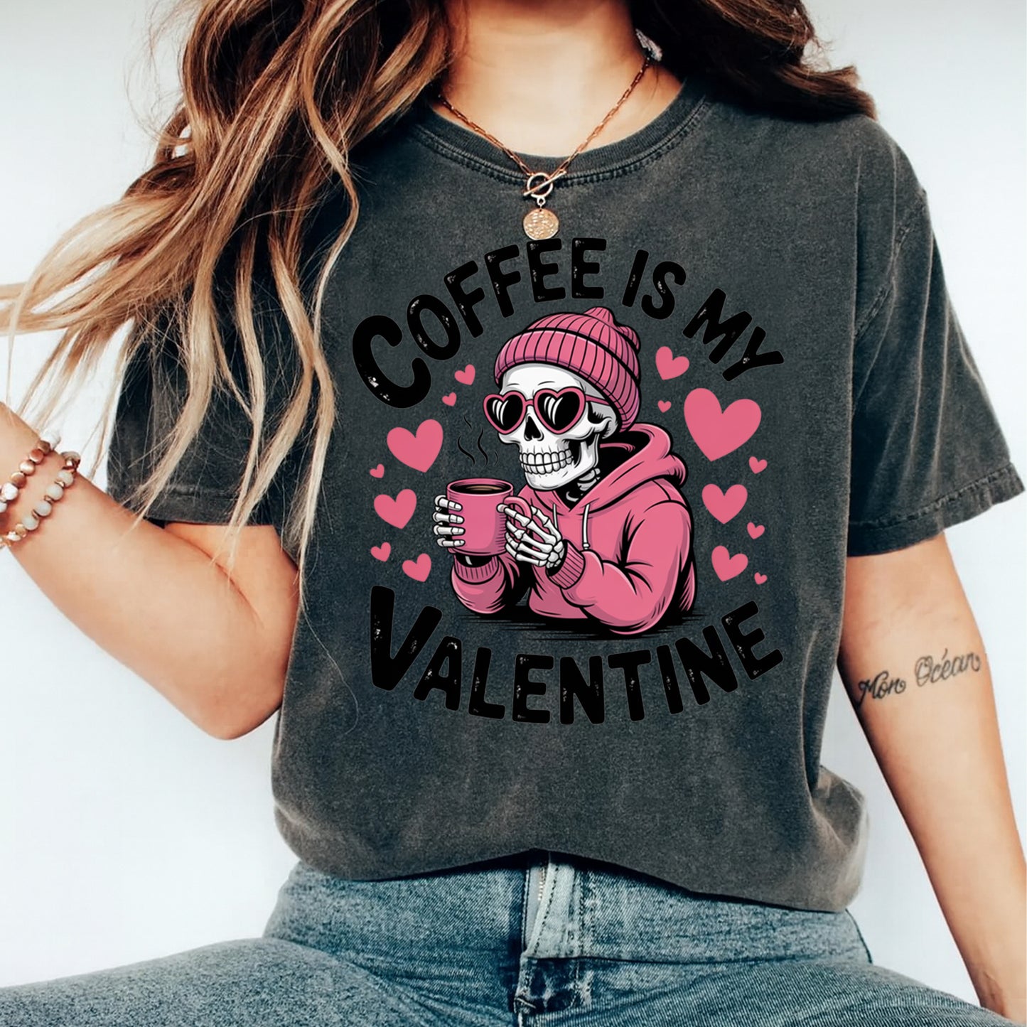 Valentine DTF Transfer – Coffee Is My Valentine Skeleton Ready to Press Iron On Heat Transfer DIY Valentine Shirts 12633
