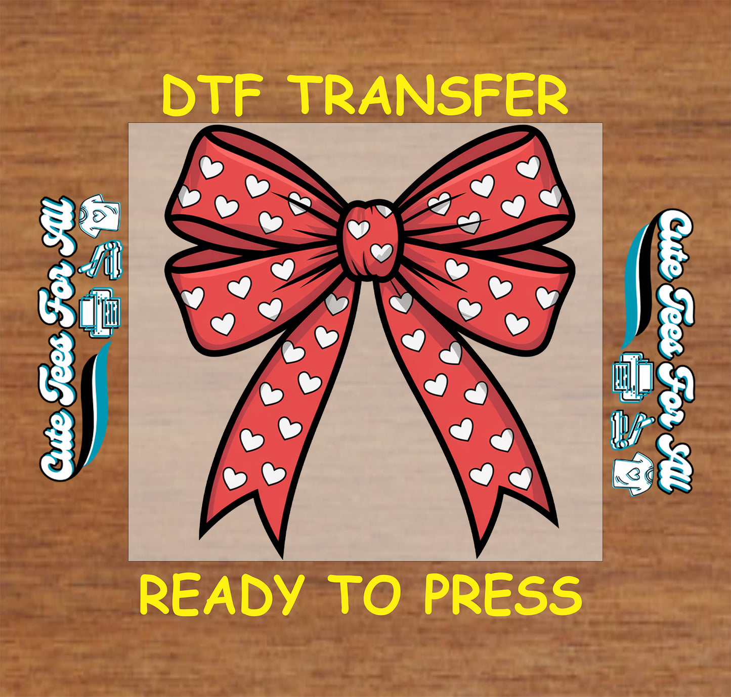 Ready to press dtf transfer featuring a heart patterned bow ribbon, iron on heat transfer graphic for DIY Valentine shirts