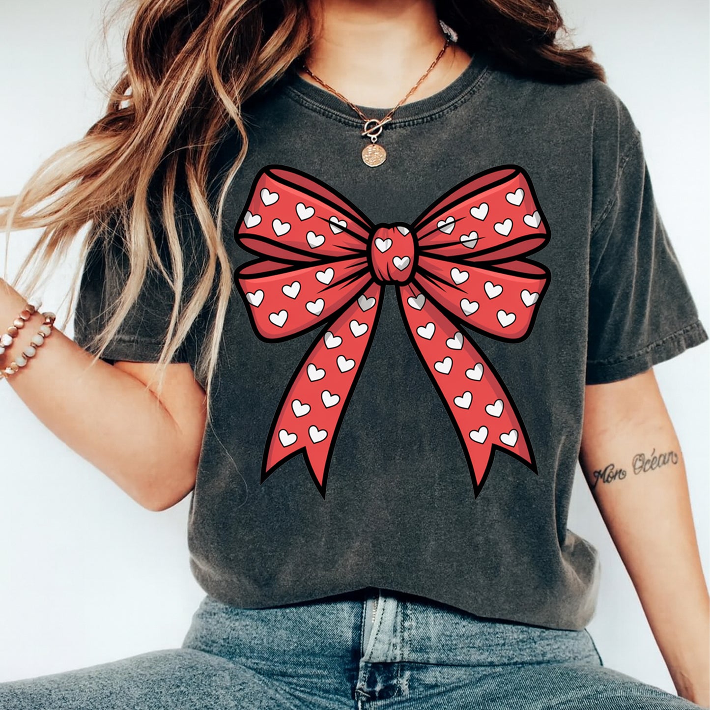 Valentine DTF Transfer – Heart Bow Ribbon Ready to Press Iron On Heat Transfer DIY Valentine Shirts 12634