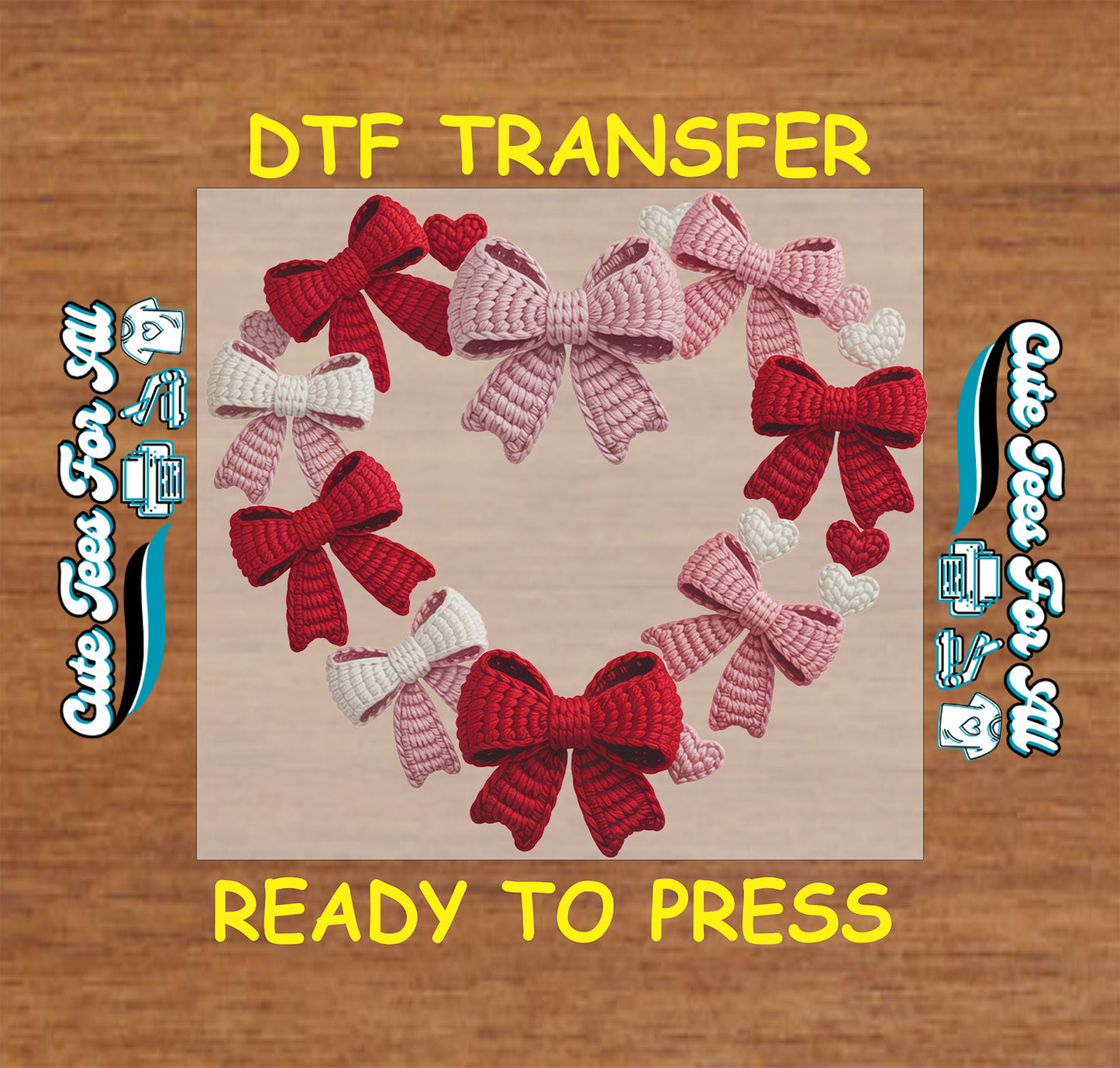 Ready to press dtf transfer featuring a crochet bow wreath with ribbon bows and small hearts for Valentines Day DIY shirts