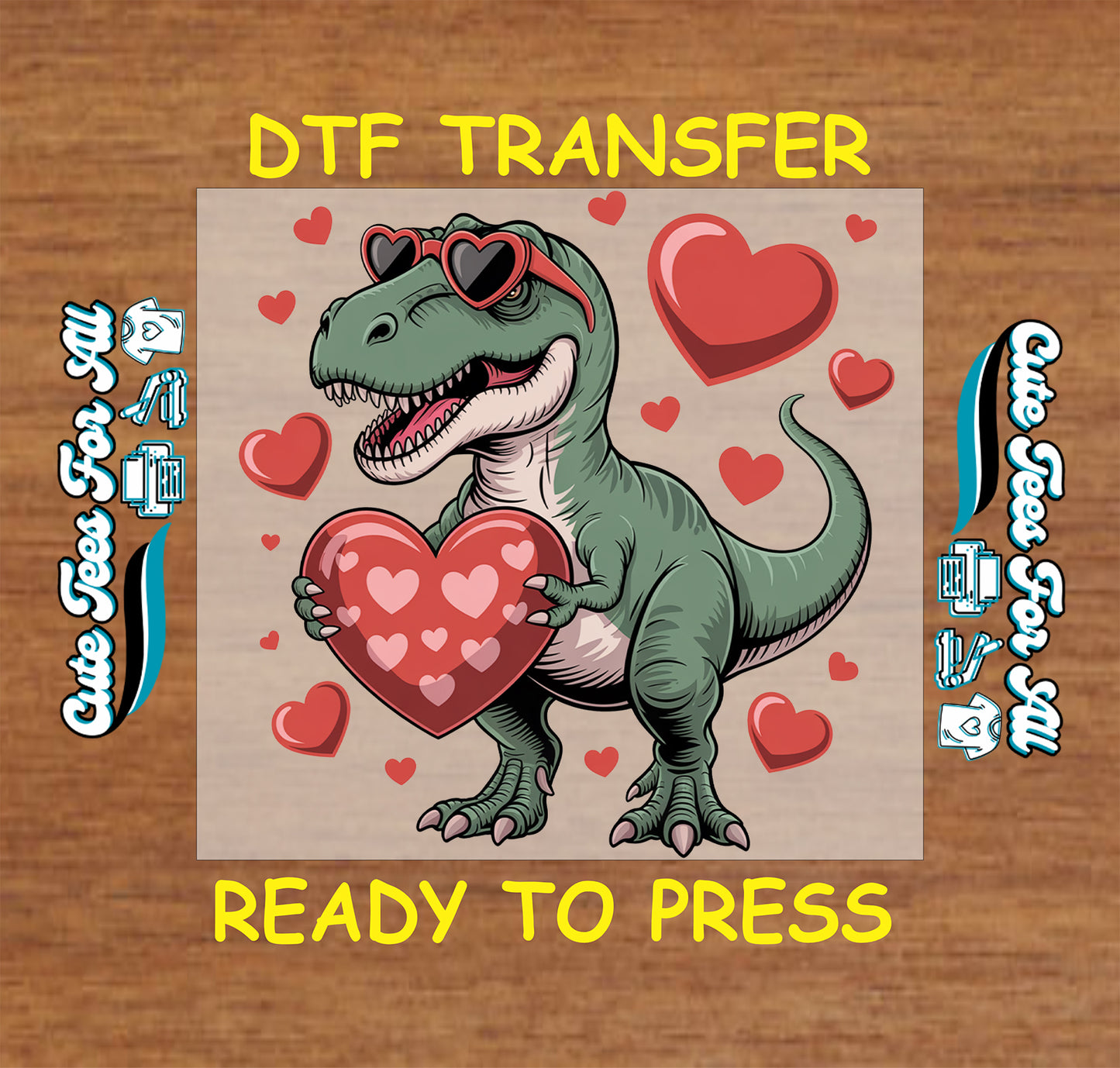 Ready to press dtf transfer featuring a cartoon dinosaur holding a heart with heart sunglasses and floating hearts for Valentines Day DIY shirts
