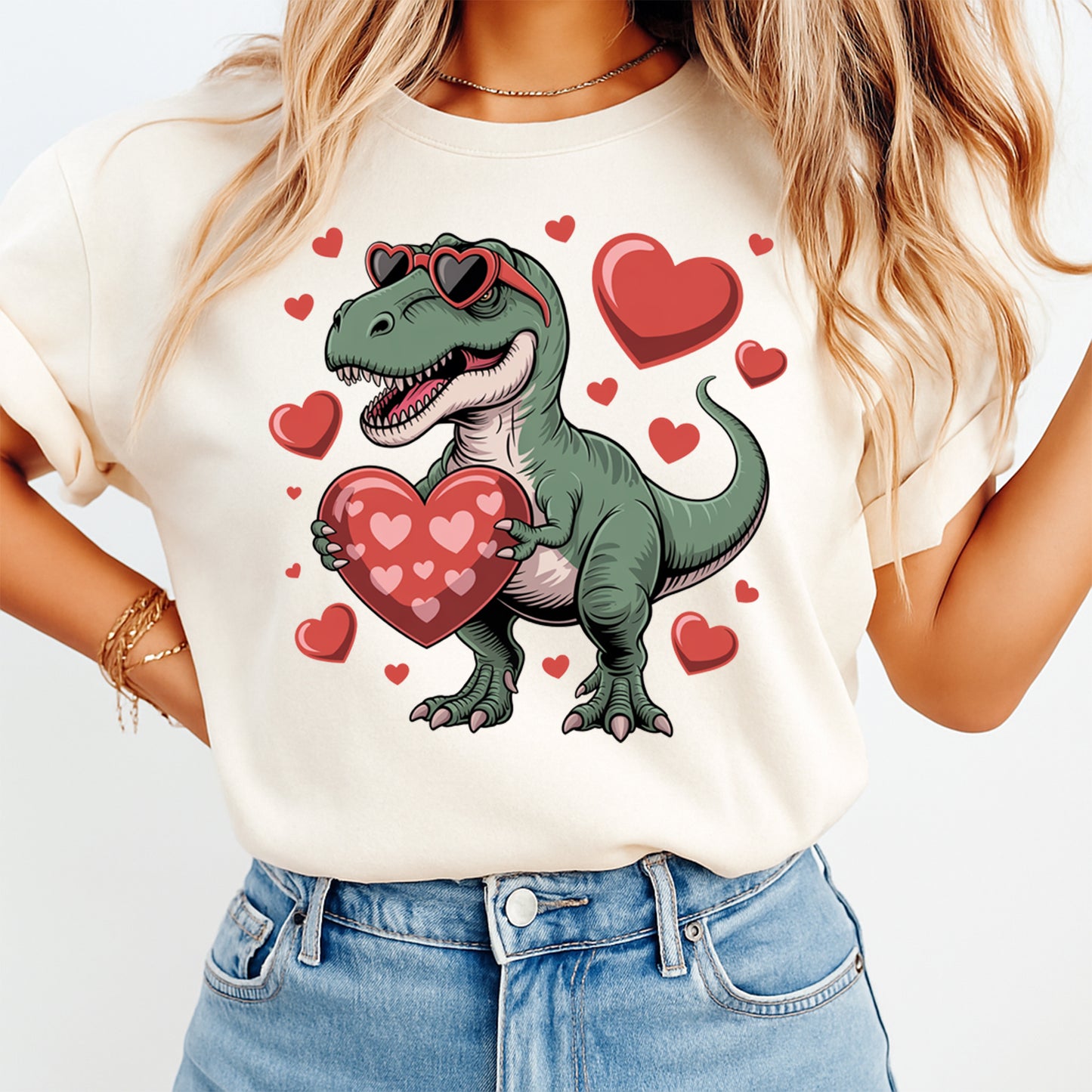 Valentines Dinosaur Heart DTF Transfer – Ready to Press Iron On Heat Transfer for DIY Valentines Shirts 12637