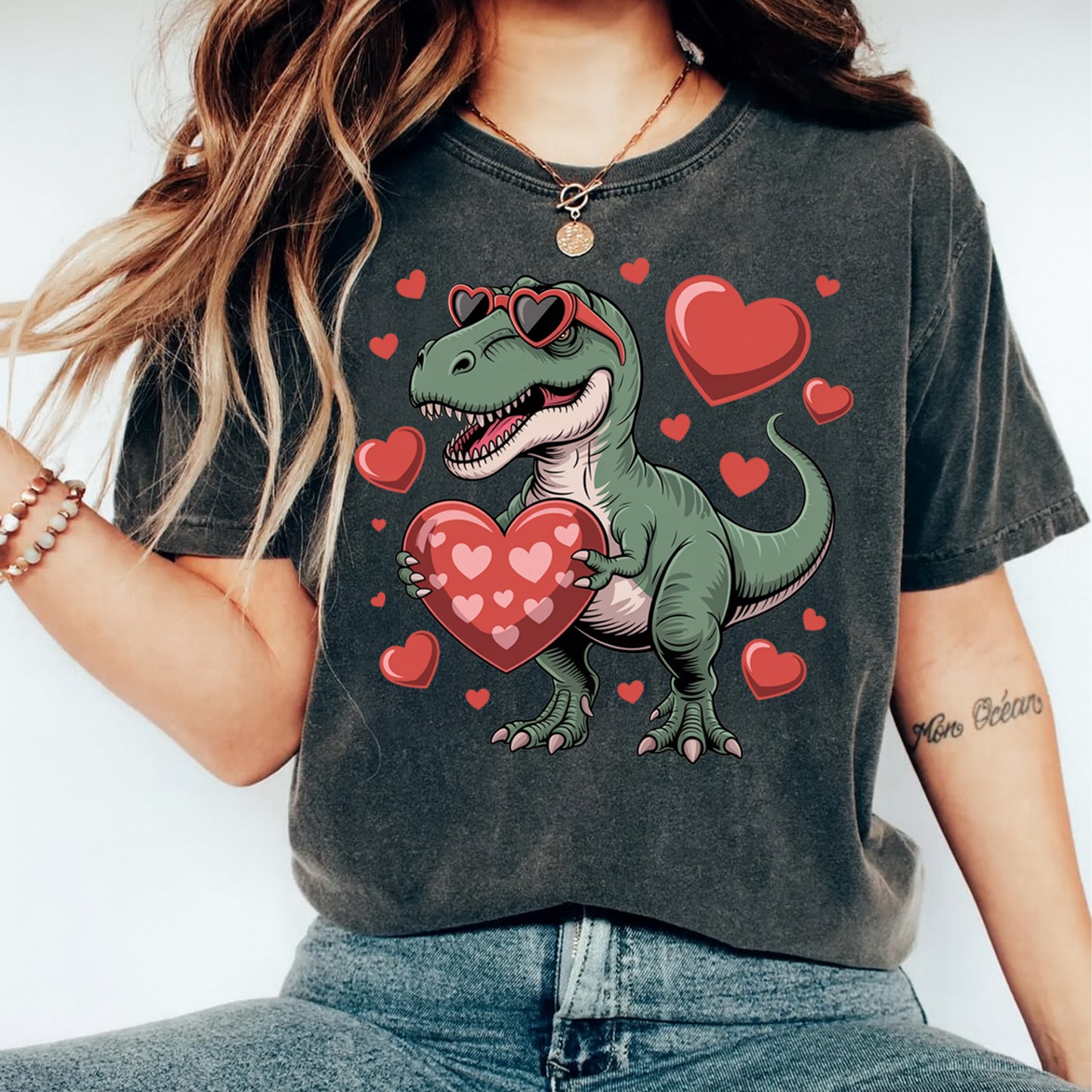 Valentines Dinosaur Heart DTF Transfer – Ready to Press Iron On Heat Transfer for DIY Valentines Shirts 12637