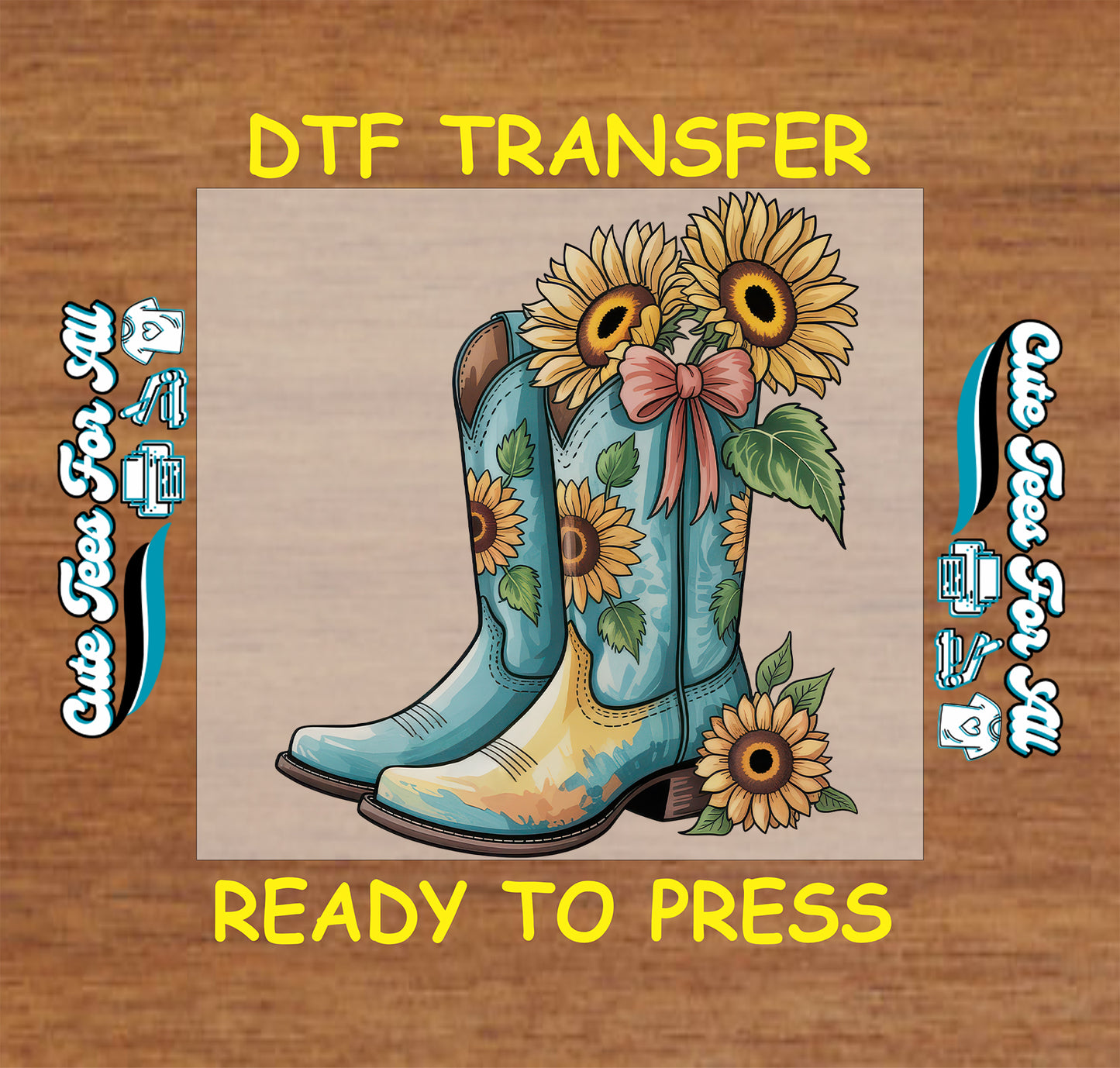 Ready to press dtf western transfer with sunflower cowboy boots, floral accents, and bow detail for DIY western shirts.