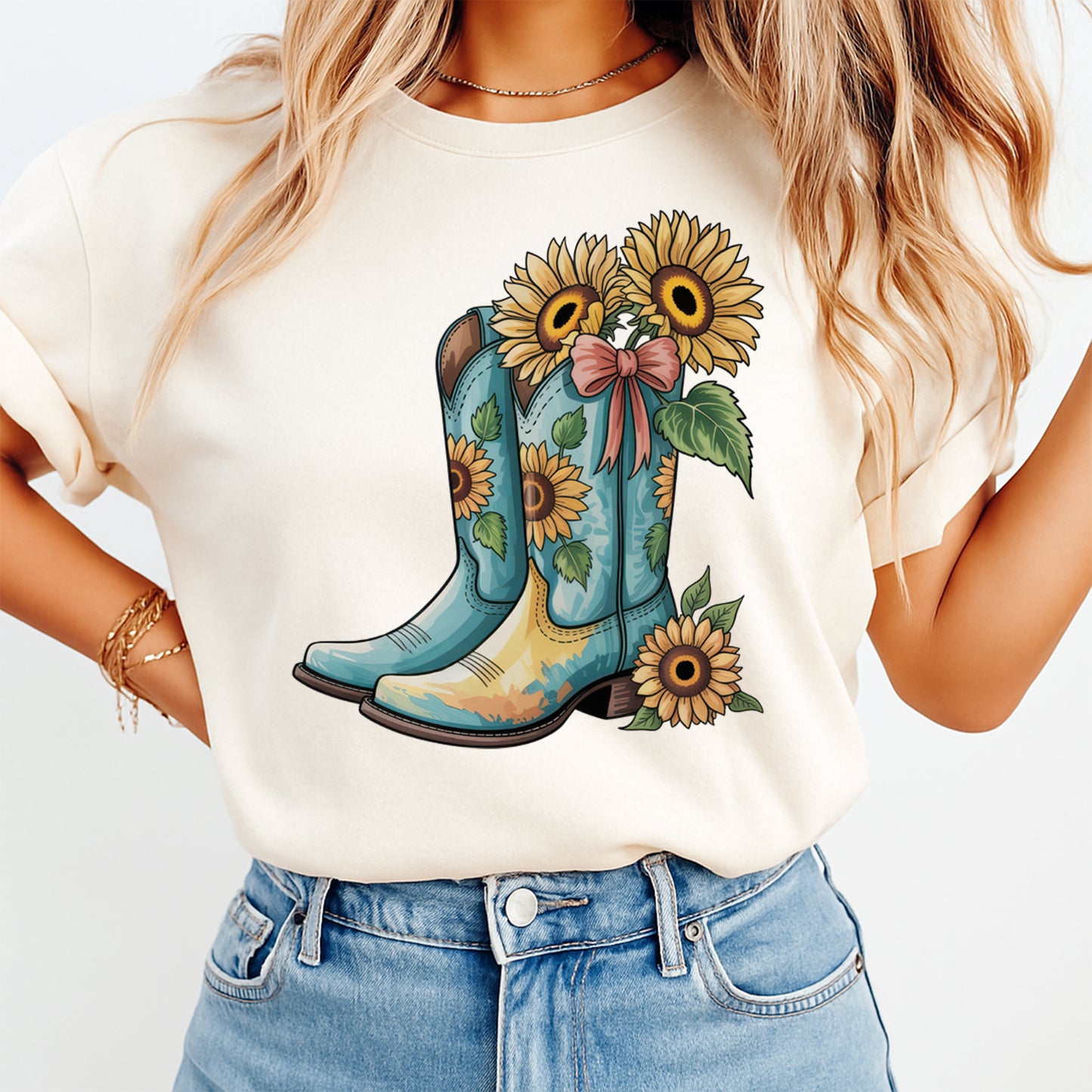 Western DTF Transfer – Sunflower Cowboy Boots Ready to Press Iron on Heat Transfer DIY Western Shirts 12640