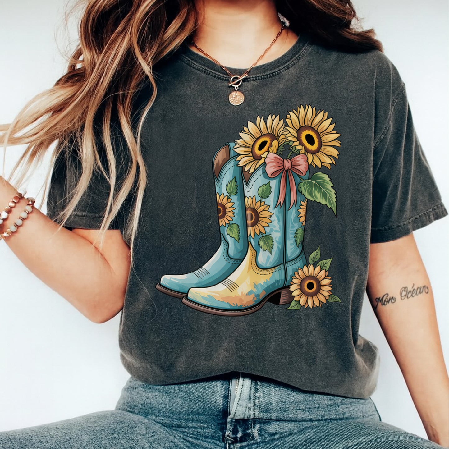 Western DTF Transfer – Sunflower Cowboy Boots Ready to Press Iron on Heat Transfer DIY Western Shirts 12640