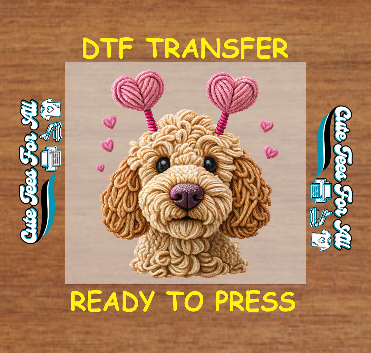 Ready to press dtf Valentines transfer with yarn-style puppy illustration and heart accents for DIY Valentines shirts.