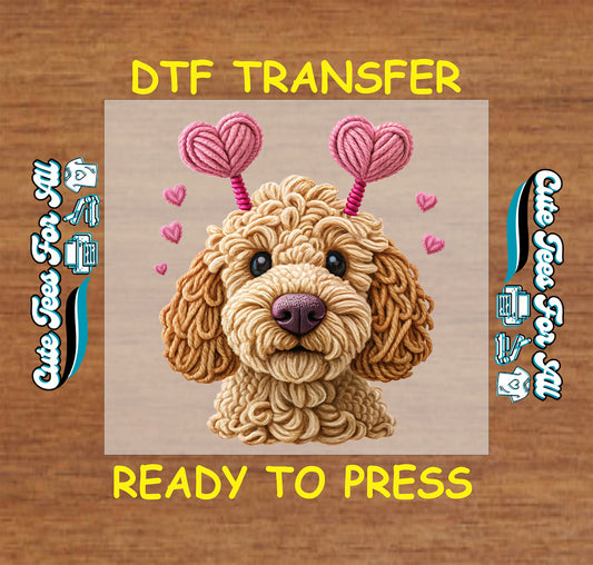 Ready to press dtf Valentines transfer with yarn-style puppy illustration and heart accents for DIY Valentines shirts.