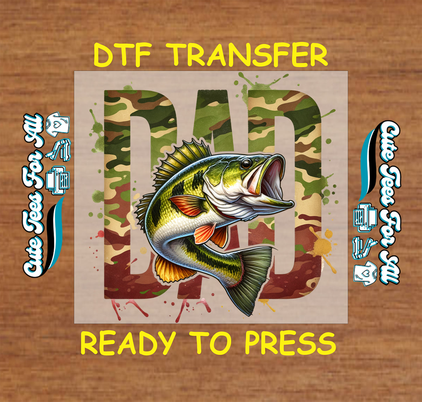 Ready to press dtf fishing transfer with camo DAD lettering and leaping bass illustration for DIY fishing shirts.