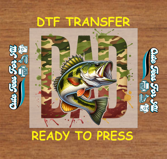 Ready to press dtf fishing transfer with camo DAD lettering and leaping bass illustration for DIY fishing shirts.