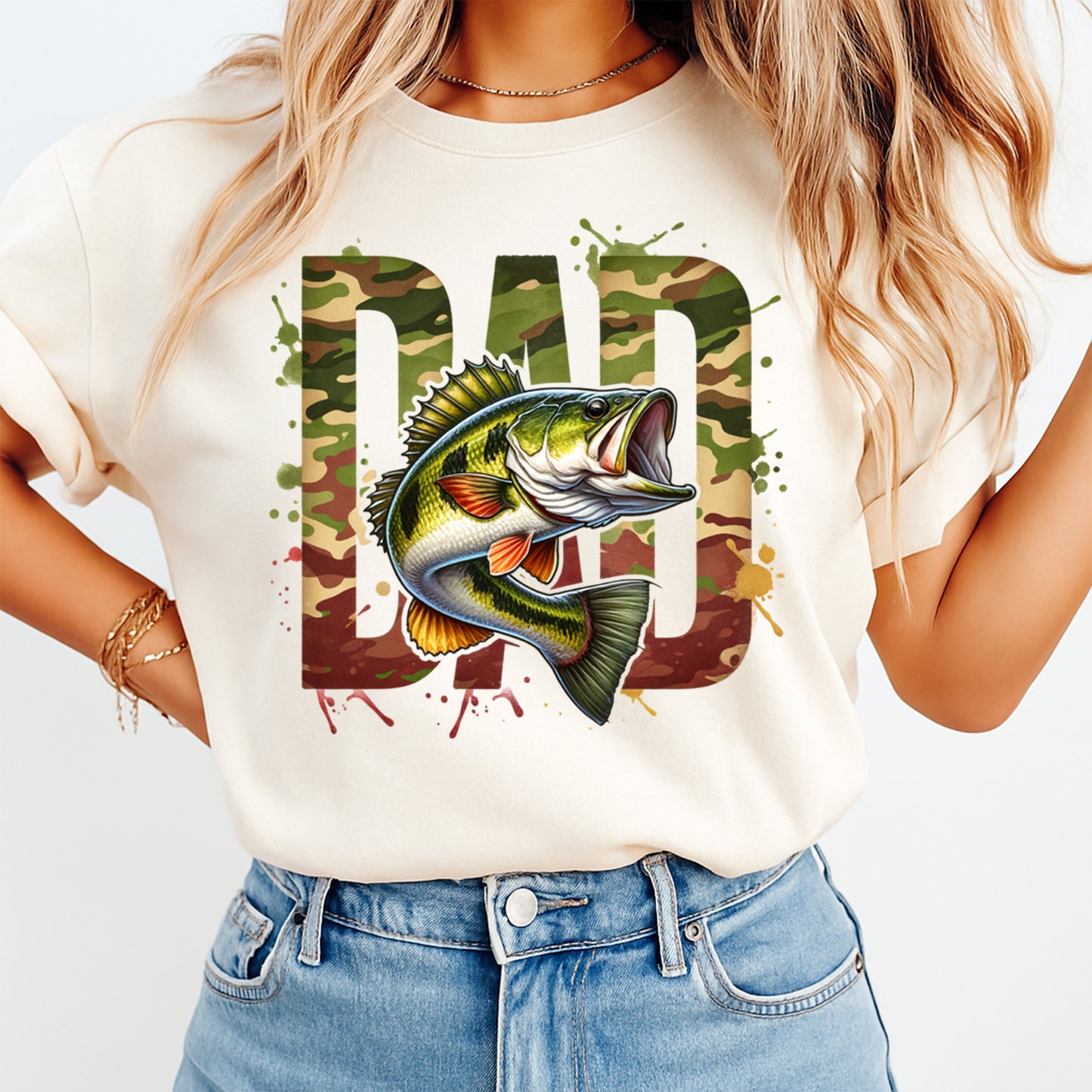 Fishing Dad Camo Bass DTF Transfer – Ready to Press Iron On Heat Transfer for DIY Fishing Shirts 12642