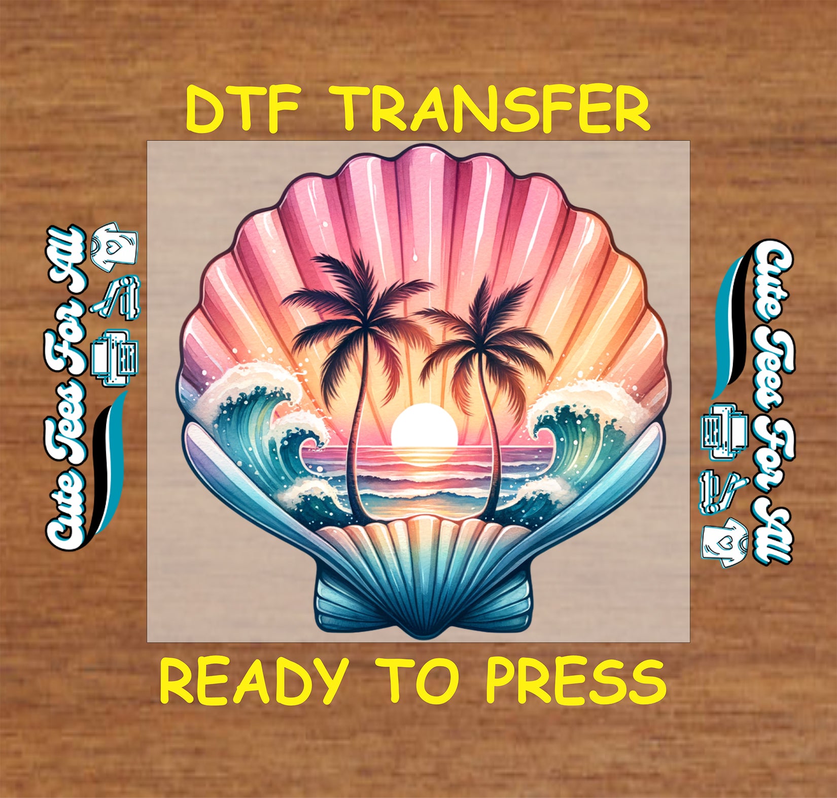 Ready to press dtf beach transfer with seashell sunset, palm trees, ocean waves, and tropical scenery for DIY beach shirts.