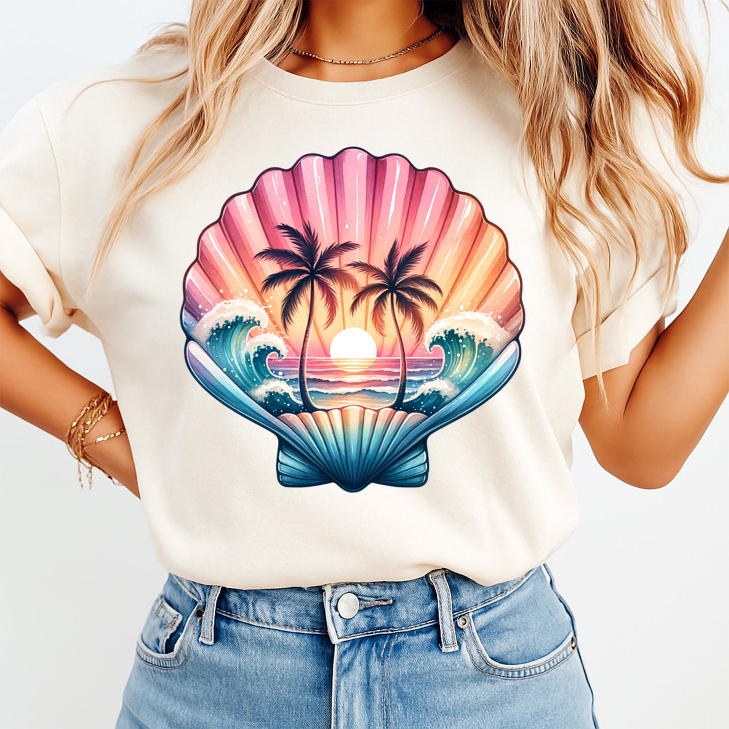 Beach DTF Transfer – Tropical Shell Sunset Ready to Press Iron on Heat Transfer DIY Beach Shirts 12643