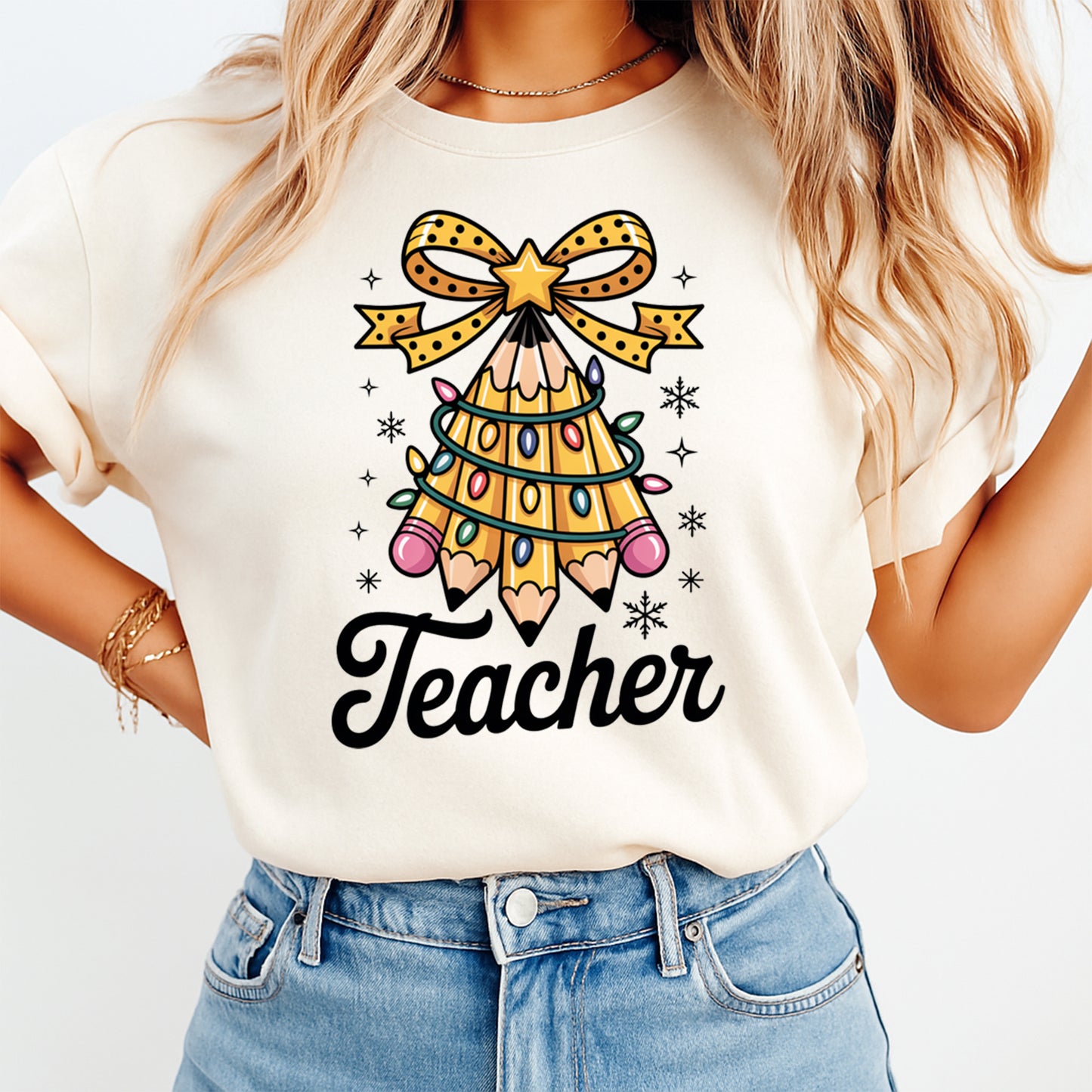 Christmas Teacher DTF Transfer – Pencil Tree Classroom Ready to Press Iron on Heat Transfer DIY Christmas Shirts 12645