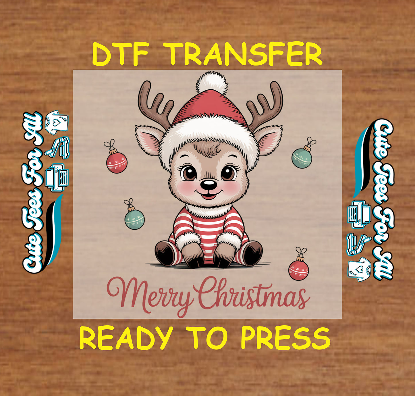 Ready to press dtf Christmas transfer with cute reindeer wearing Santa hat and Merry Christmas text for DIY Christmas shirts.