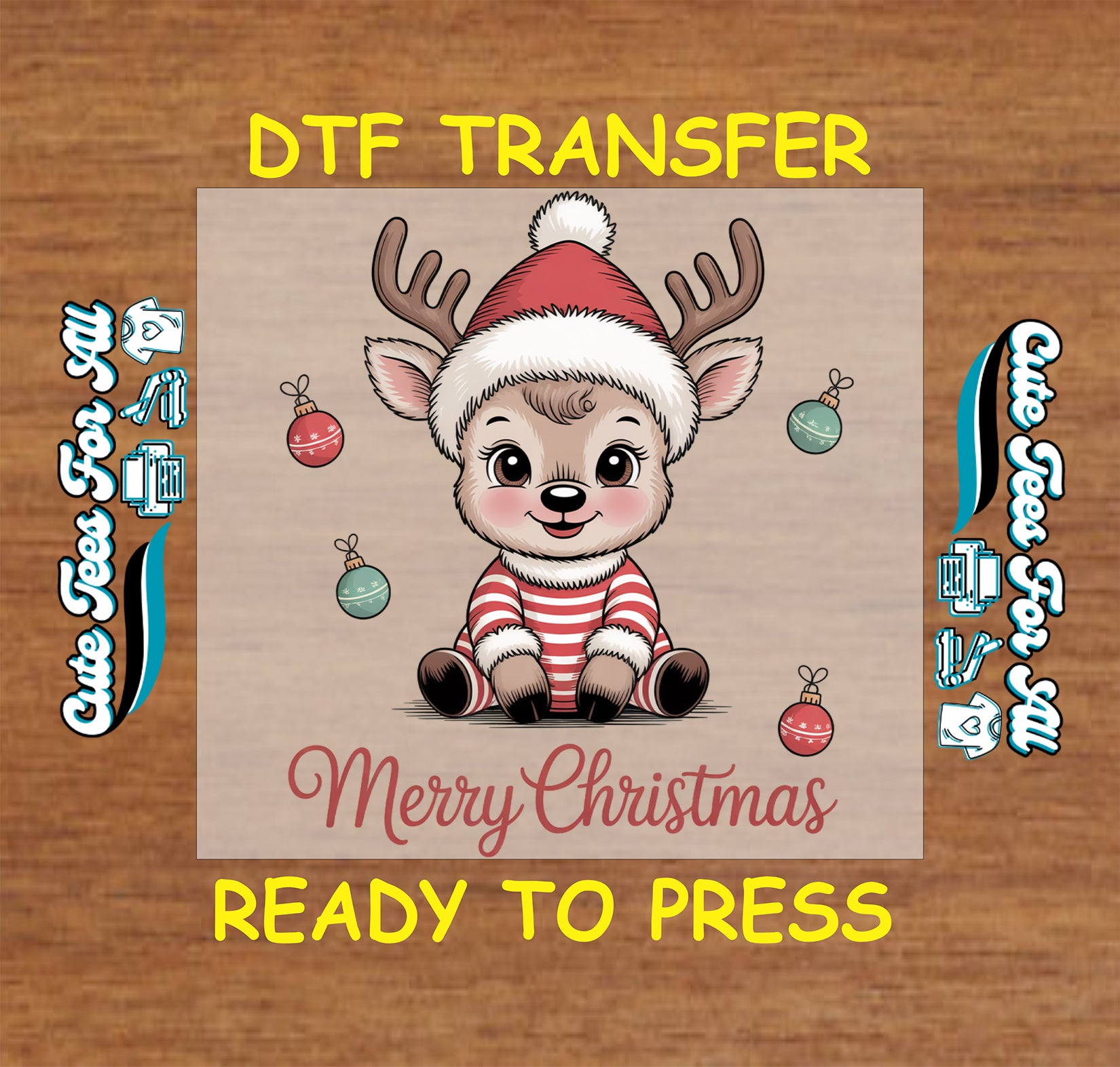 Ready to press dtf Christmas transfer with cute reindeer wearing Santa hat and Merry Christmas text for DIY Christmas shirts.