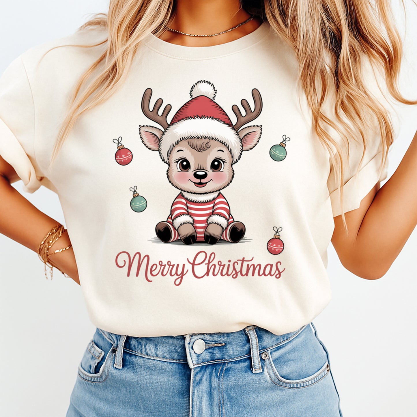 Christmas DTF Transfer – Cute Reindeer Merry Christmas Ready to Press Iron on Heat Transfer DIY Christmas Shirts 12646