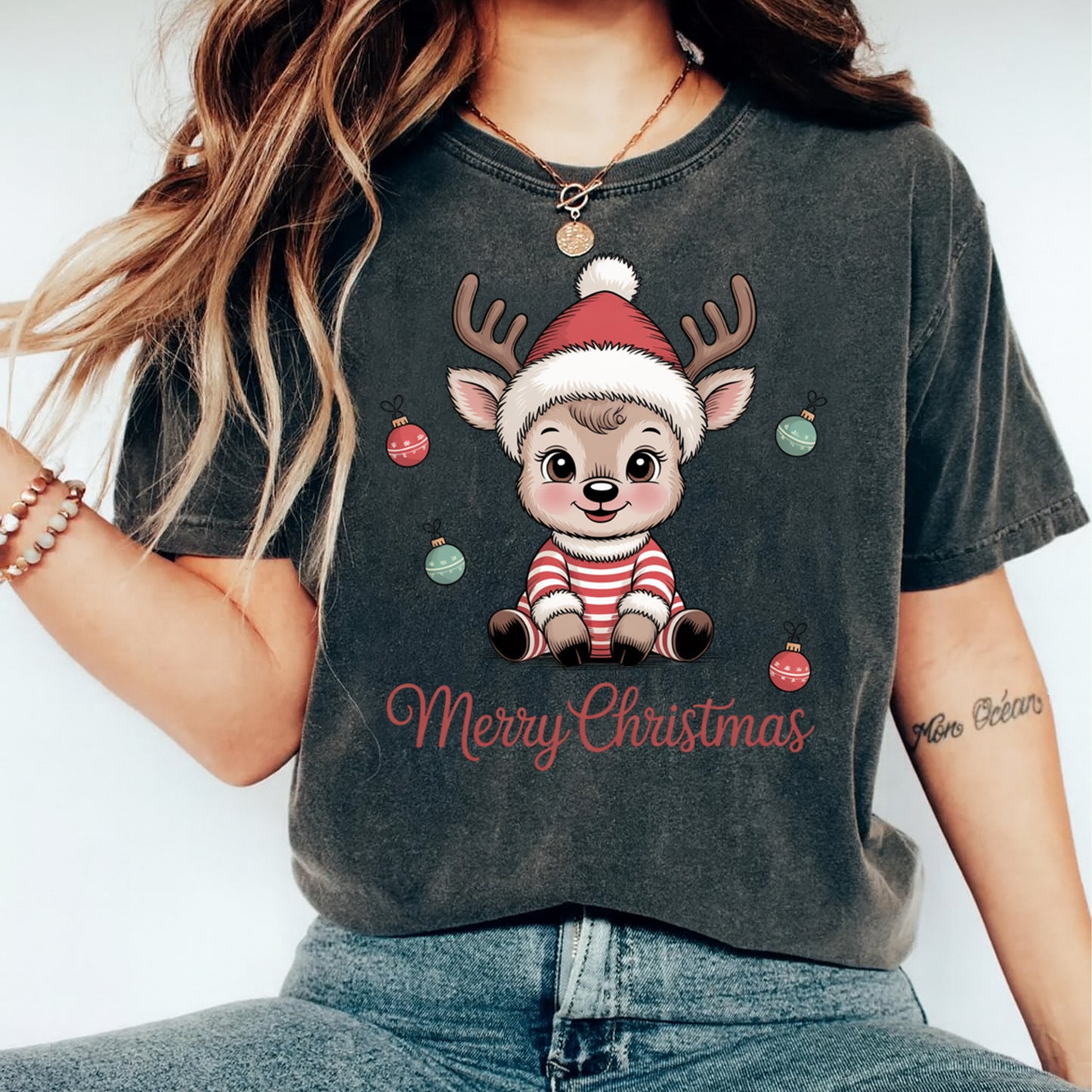 Christmas DTF Transfer – Cute Reindeer Merry Christmas Ready to Press Iron on Heat Transfer DIY Christmas Shirts 12646