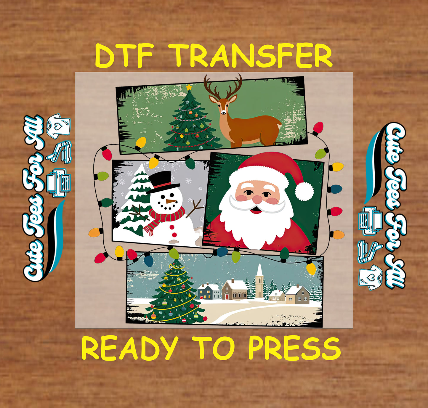 Ready to press dtf Christmas transfer with holiday collage featuring Santa, snowman, Christmas tree, reindeer, and winter village scenes for DIY Christmas shirts.