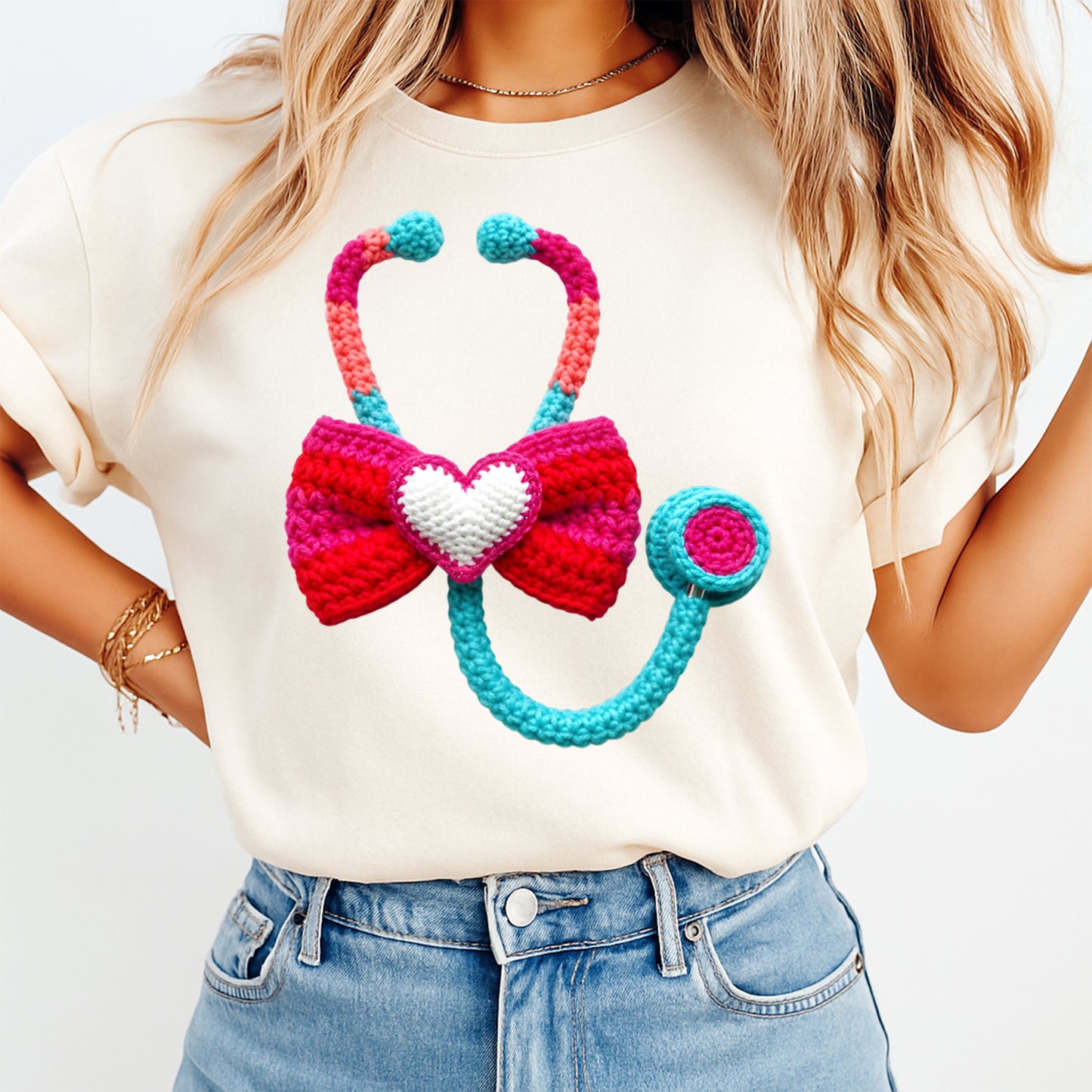 Valentines DTF Transfer – Nurse Yarn Stethoscope Bow Ready to Press Iron On Heat Transfer DIY Valentines Shirts 12650