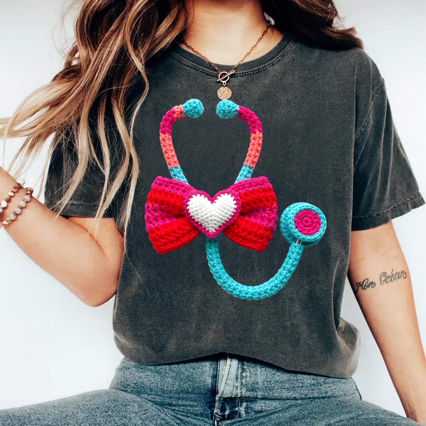 Valentines DTF Transfer – Nurse Yarn Stethoscope Bow Ready to Press Iron On Heat Transfer DIY Valentines Shirts 12650