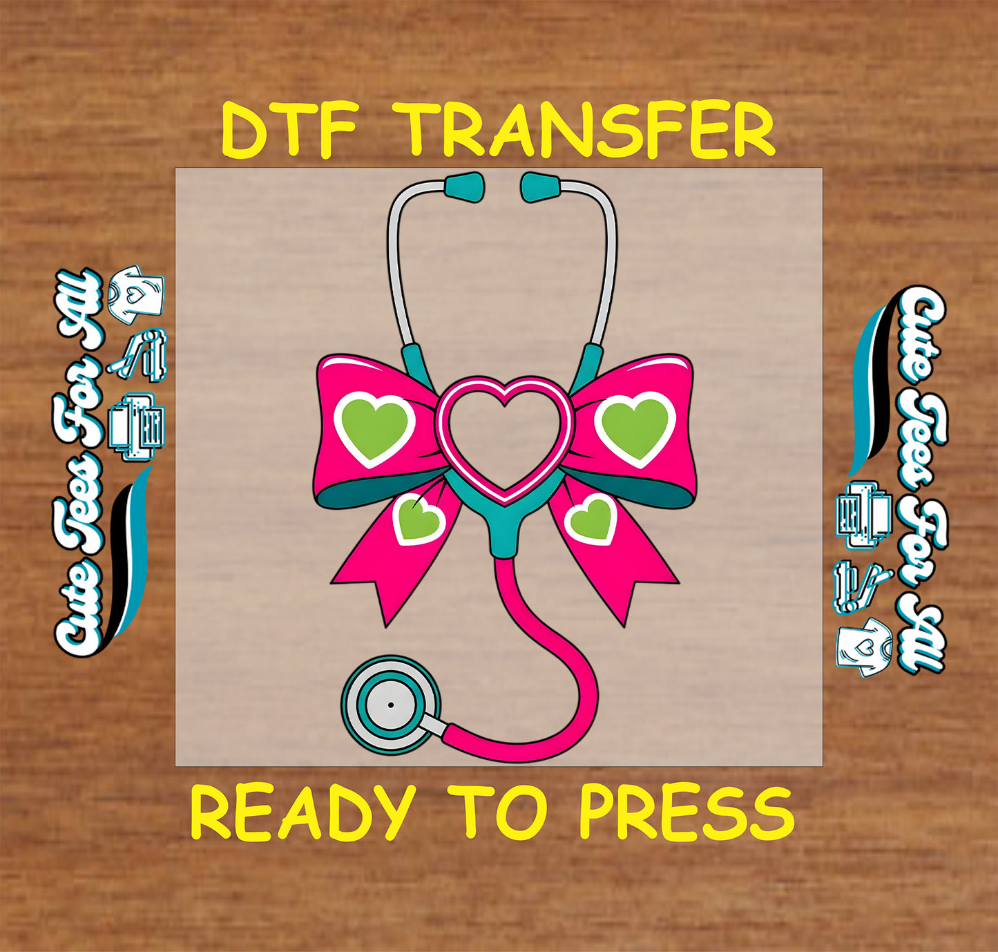 Ready to press dtf Valentines nurse transfer with heart bow stethoscope illustration for DIY Valentines shirts.