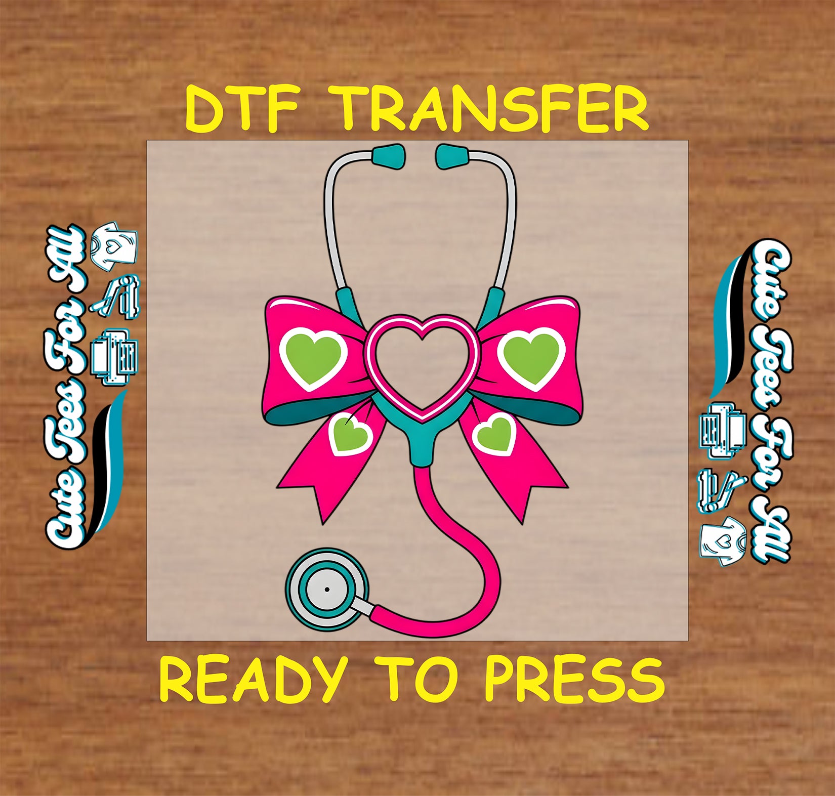 Ready to press dtf Valentines nurse transfer with heart bow stethoscope illustration for DIY Valentines shirts.