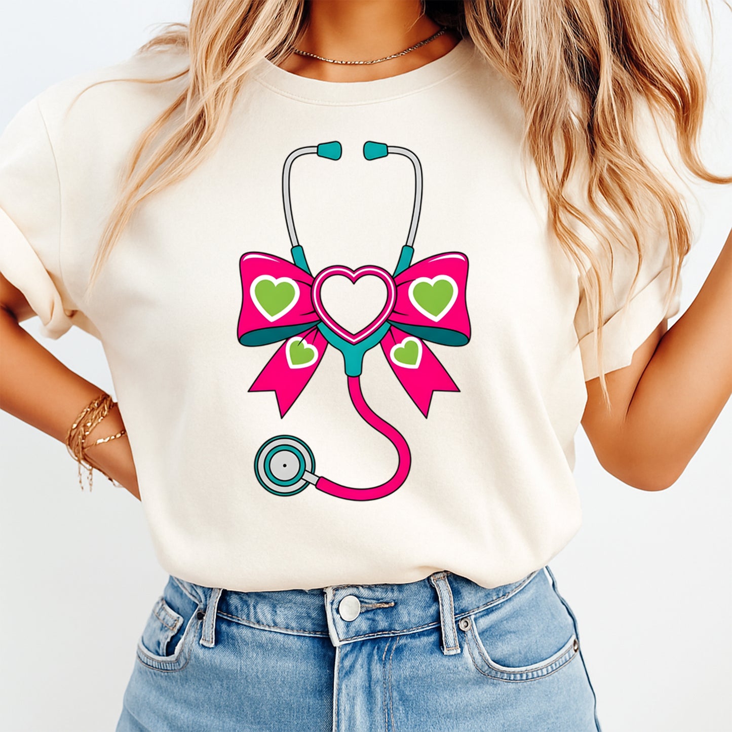 Valentines Nurse DTF Transfer – Heart Bow Stethoscope Ready to Press Iron On Heat Transfer DIY Valentines Shirts 12651