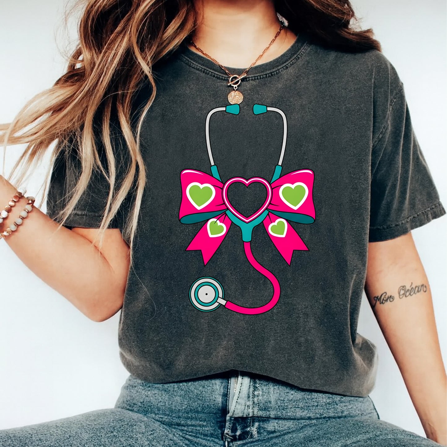 Valentines Nurse DTF Transfer – Heart Bow Stethoscope Ready to Press Iron On Heat Transfer DIY Valentines Shirts 12651