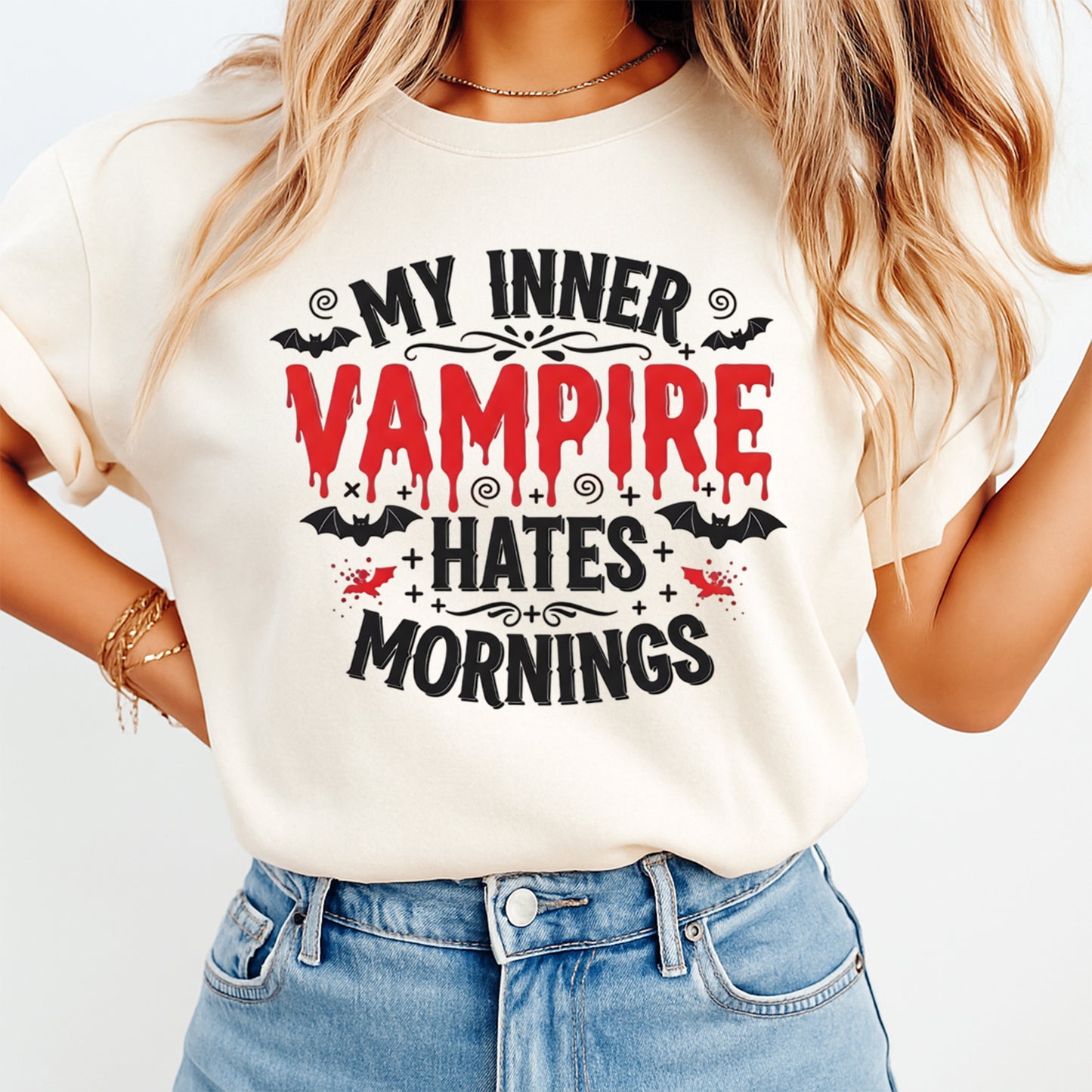 Halloween DTF Transfer – My Inner Vampire Hates Mornings Ready to Press Iron on Heat Transfer DIY Halloween Shirts 12652