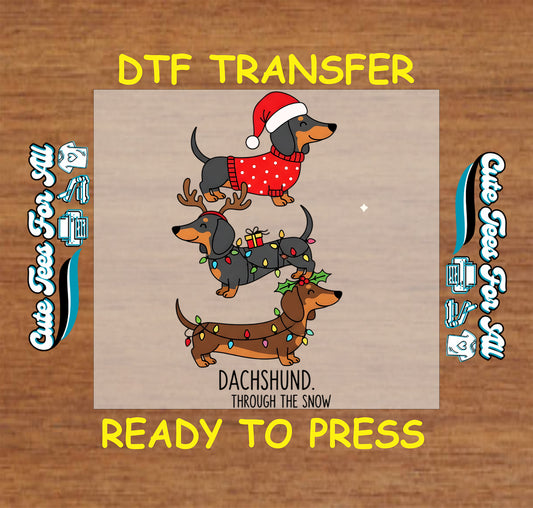 Stacked holiday dachshunds with Santa hat sweater reindeer antlers and Christmas lights, ready to press dtf transfer for DIY Christmas shirts