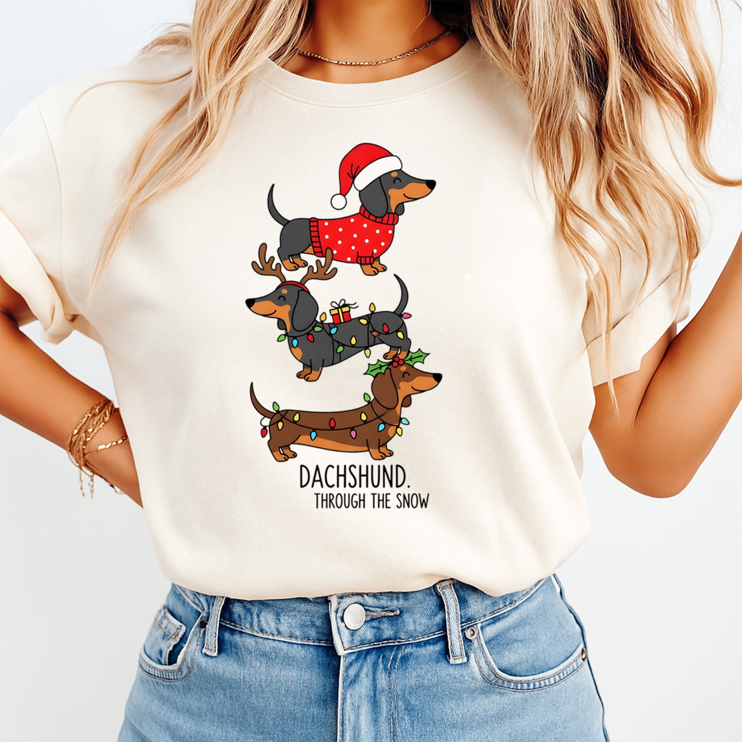 Christmas DTF Transfer – Dachshund Through Snow Stack Ready to Press Iron on Heat Transfer DIY Christmas Shirts 12653