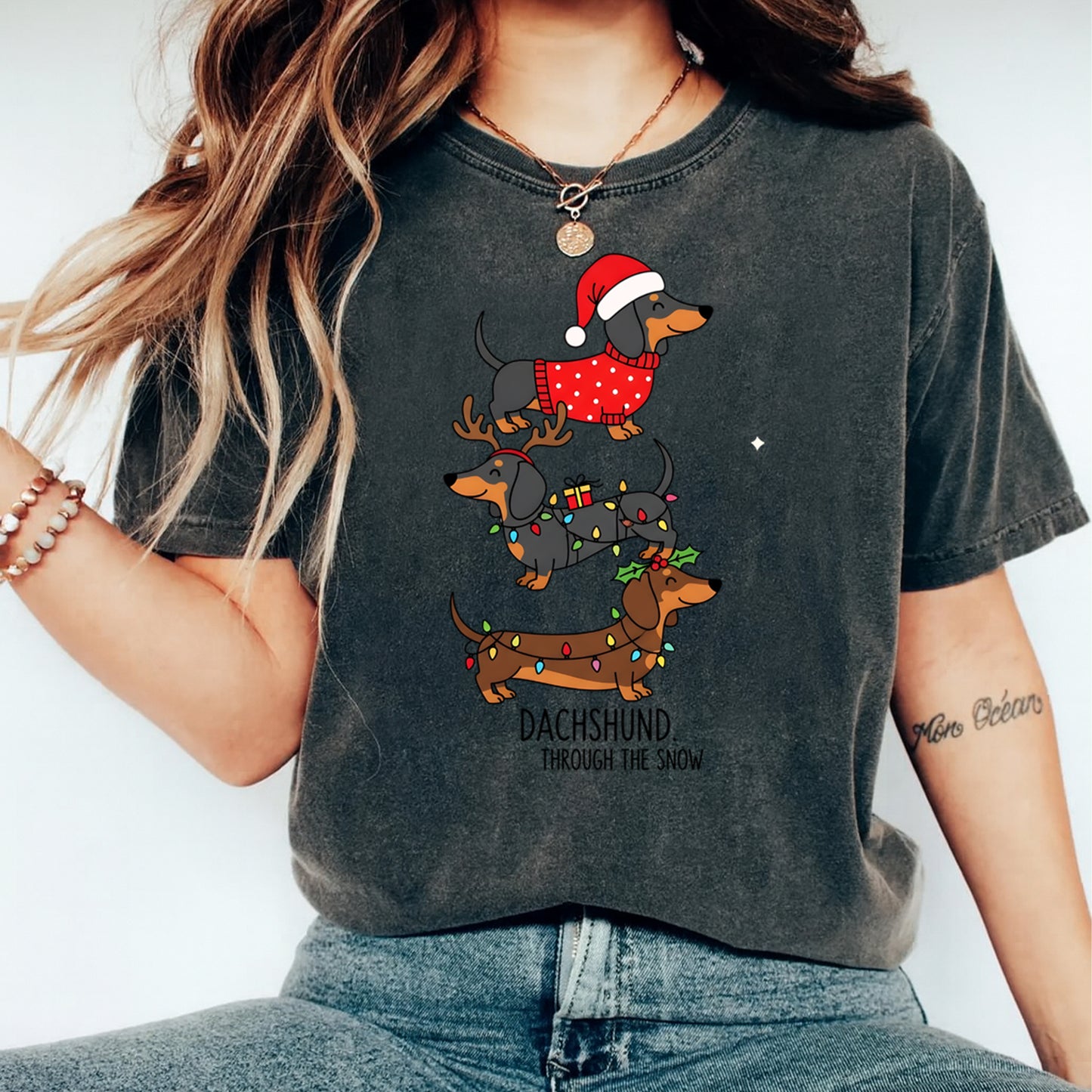 Christmas DTF Transfer – Dachshund Through Snow Stack Ready to Press Iron on Heat Transfer DIY Christmas Shirts 12653