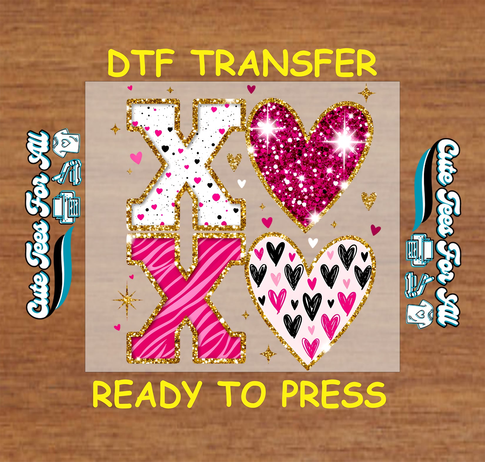 Glitter XO hearts pattern with pink white and black heart shapes, ready to press dtf transfer for DIY Valentines shirts